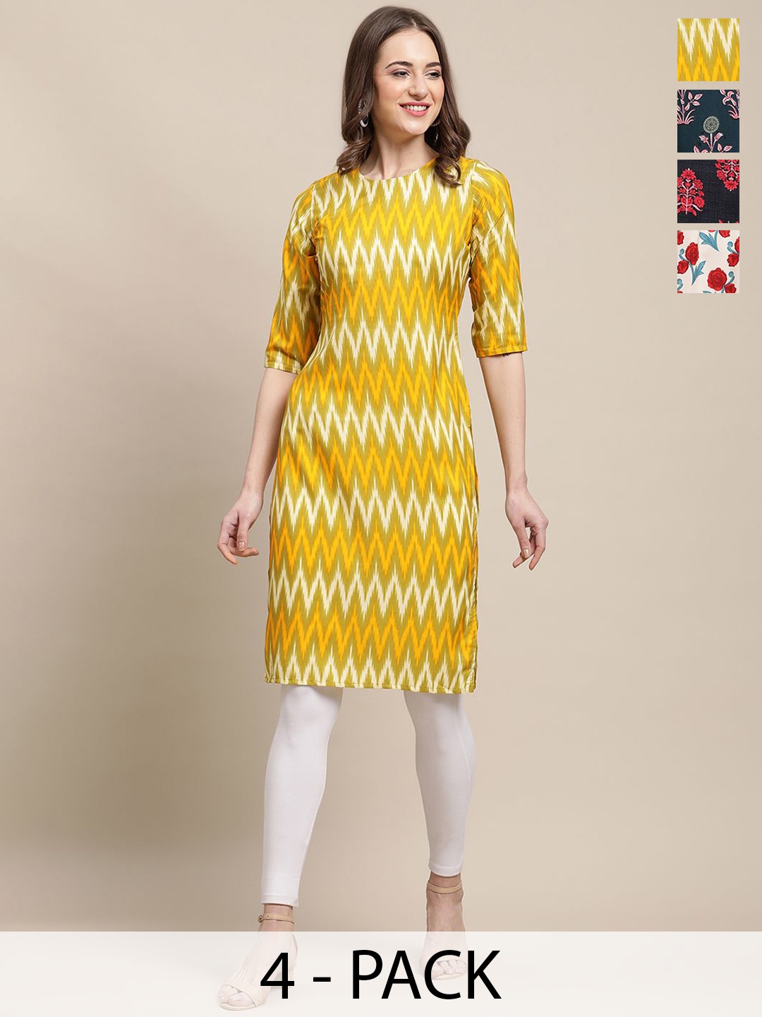 

7Threads Set Of 4 Chevron Printed Round Neck Machine Weave Straight Kurta, Yellow