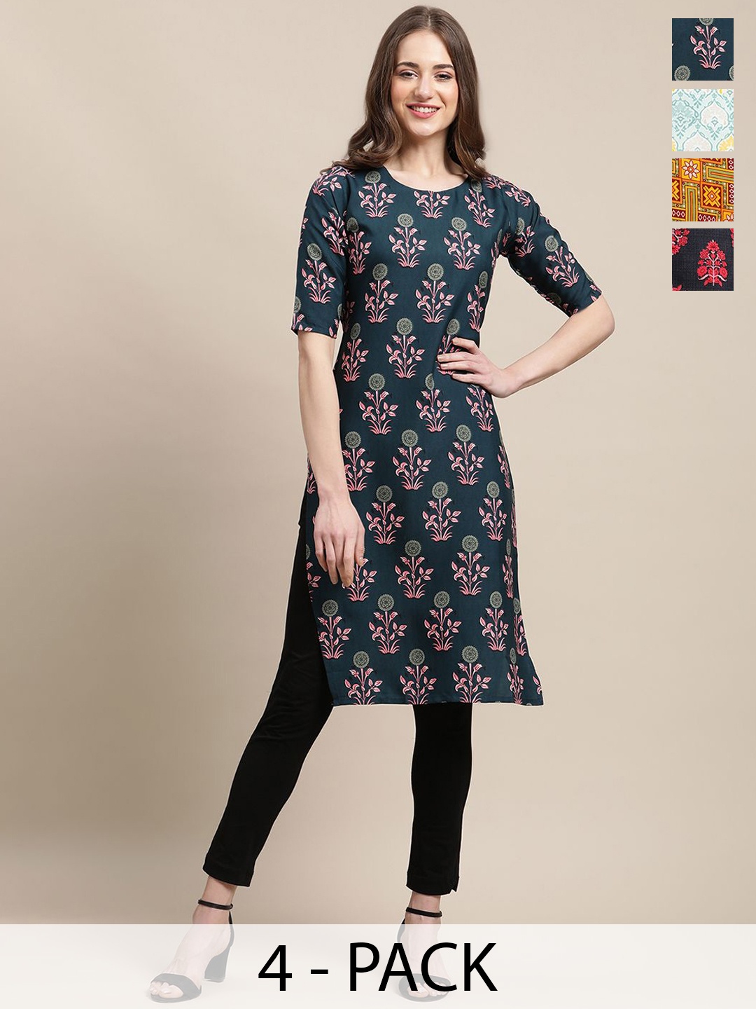 7Threads Selection Of 4 Ethnic Motifs Printed Round Neck Kurtas, Navy blue
