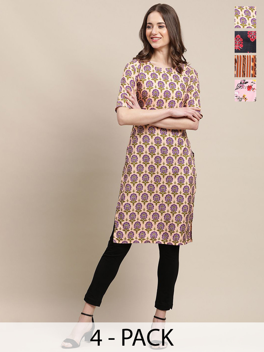 

7Threads Selection Of 4 Floral Printed Round Neck Straight Kurta, Brown