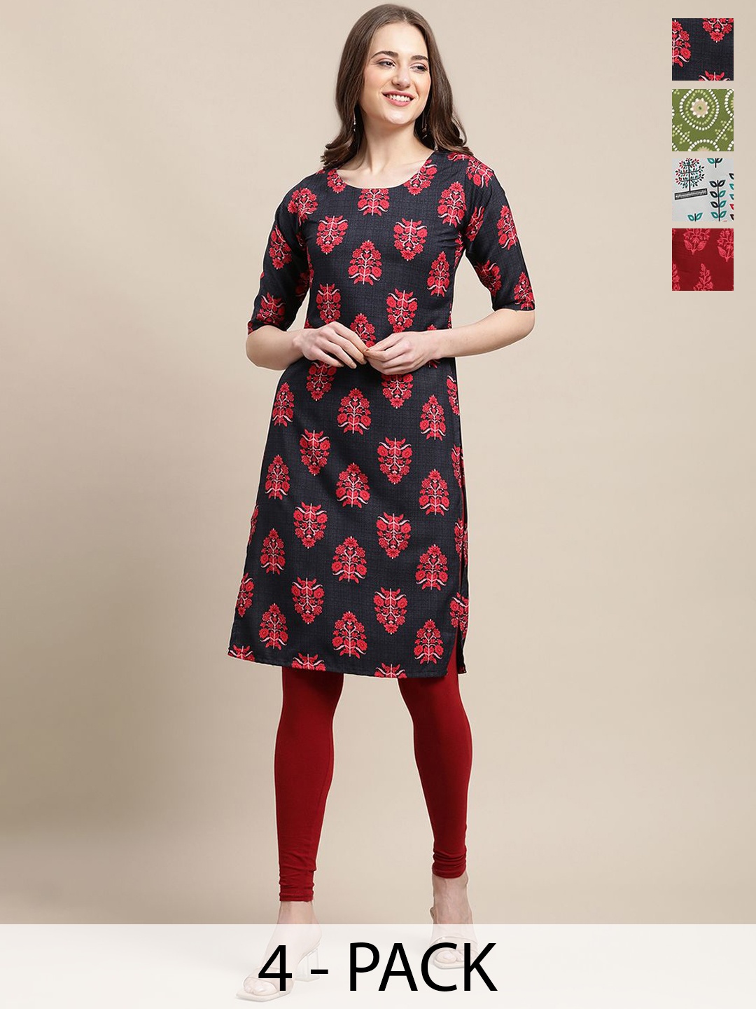 

7Threads Selection Of 4 Floral Printed Round Neck Straight Kurta, Black