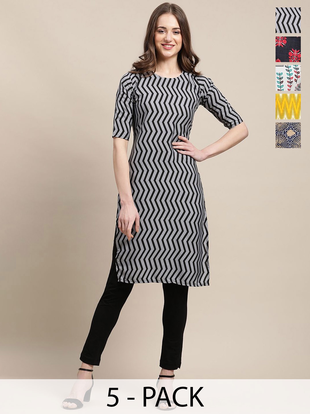 

7Threads Selection Of 5 Ethnic Motifs Printed Straight Kurtas, Grey