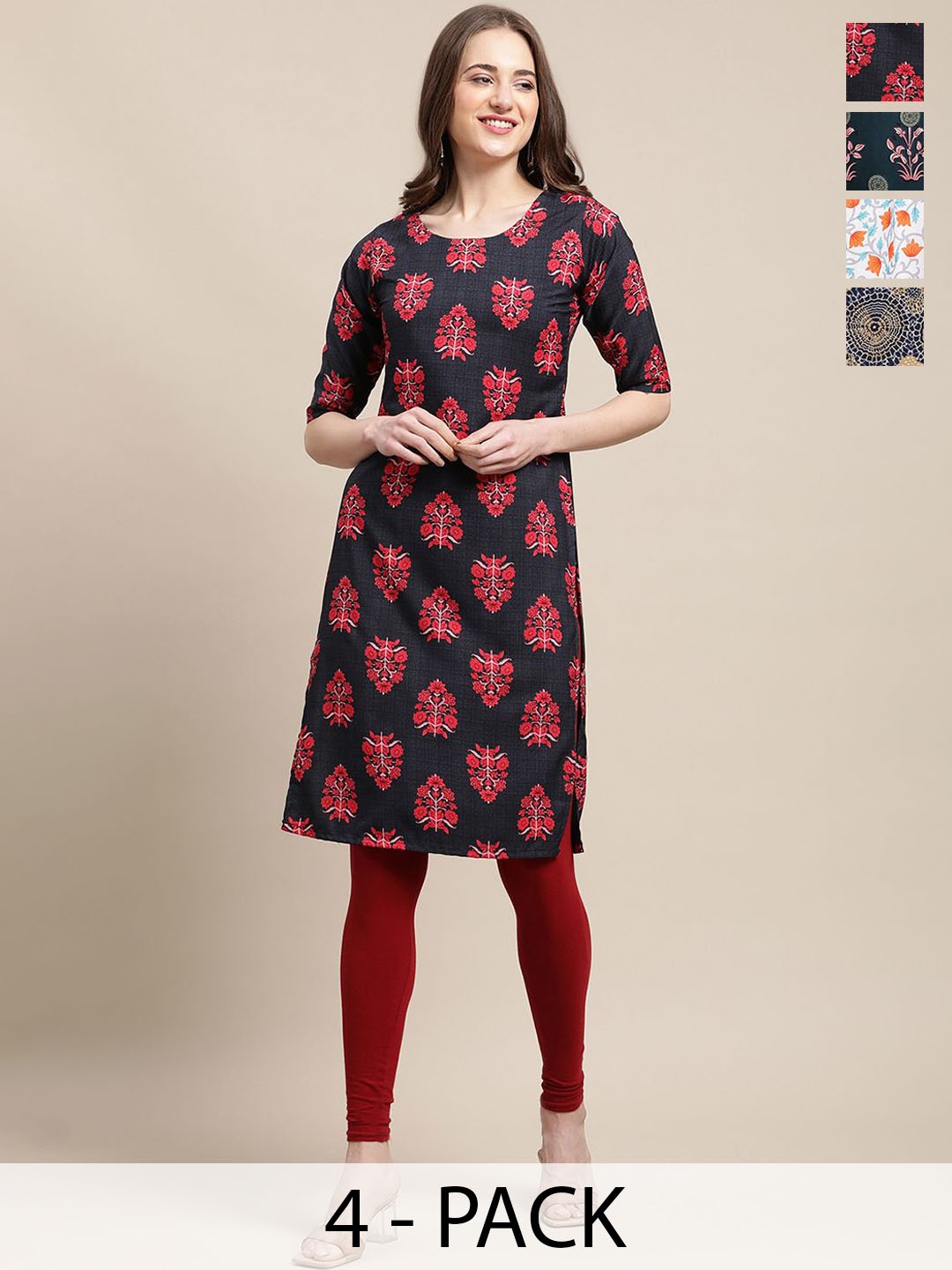 

7Threads Selection Of 4 Floral Printed Round Neck Straight Kurta, Black