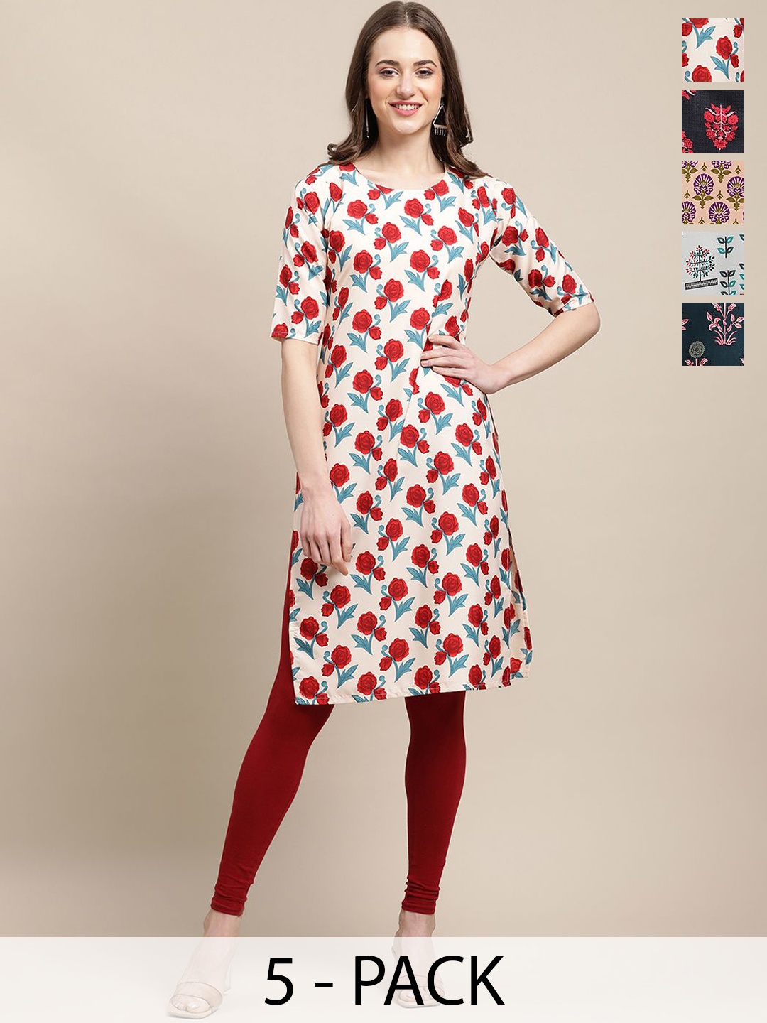 

7Threads Selection Of 5 Floral Printed Round Neck Kurtas, Cream