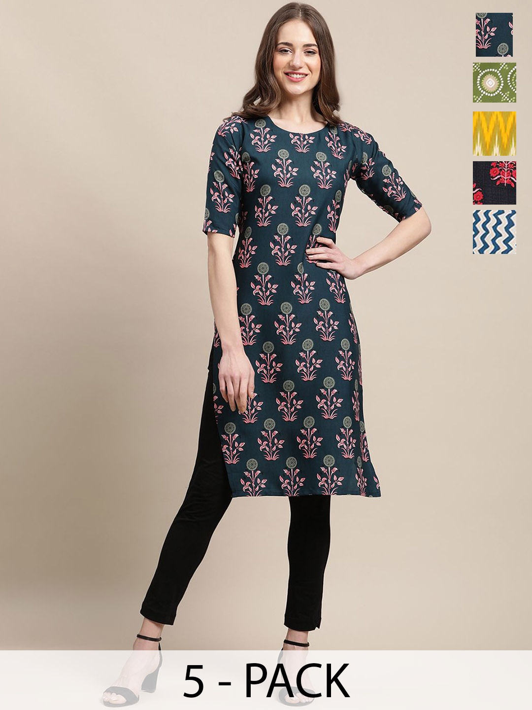 7Threads Selection Of 5 Floral Printed Round Neck Crepe Straight Kurta, Green