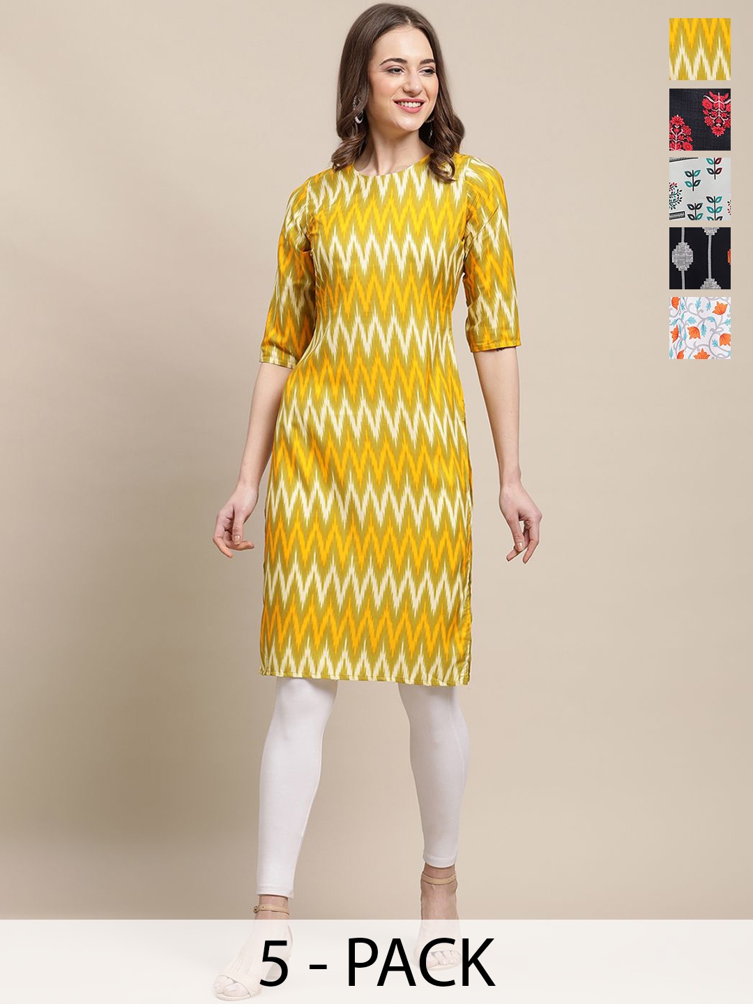7Threads Selection Of 5 Chervon Printed Straight Kurta, Yellow