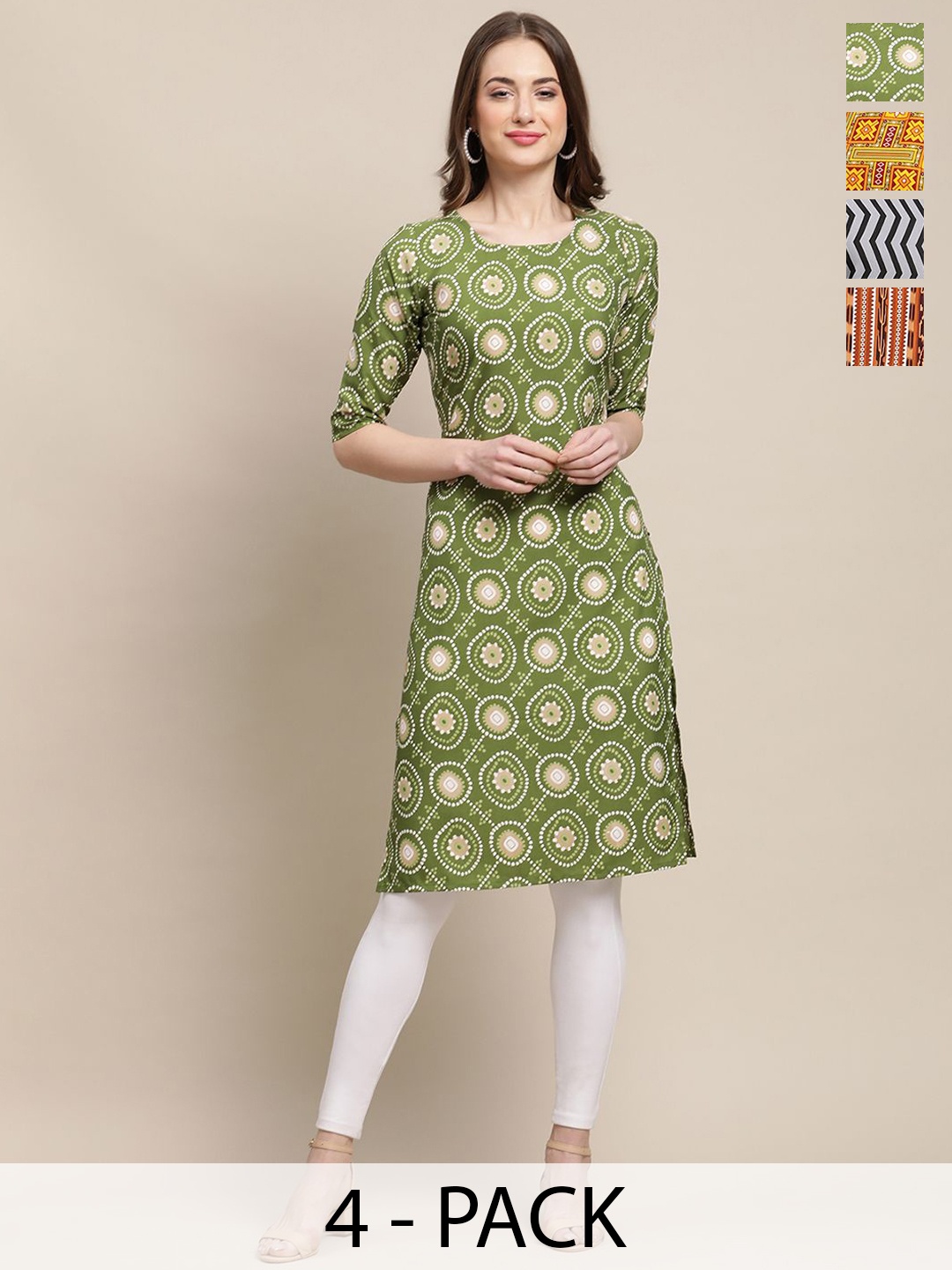 

7Threads Selection Of 4 Geometric Printed Round Neck Kurtas, Green