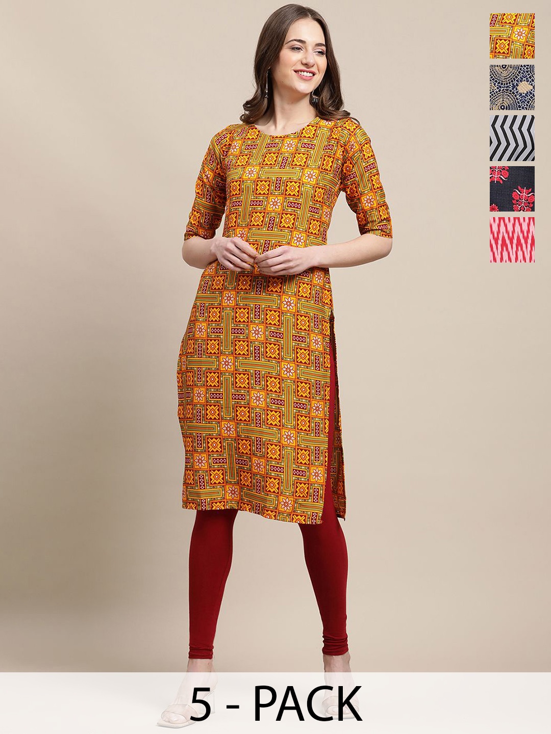 

7Threads Selection Of 5 Ethnic Motifs Printed Round Neck Straight Crepe Kurtas, Yellow
