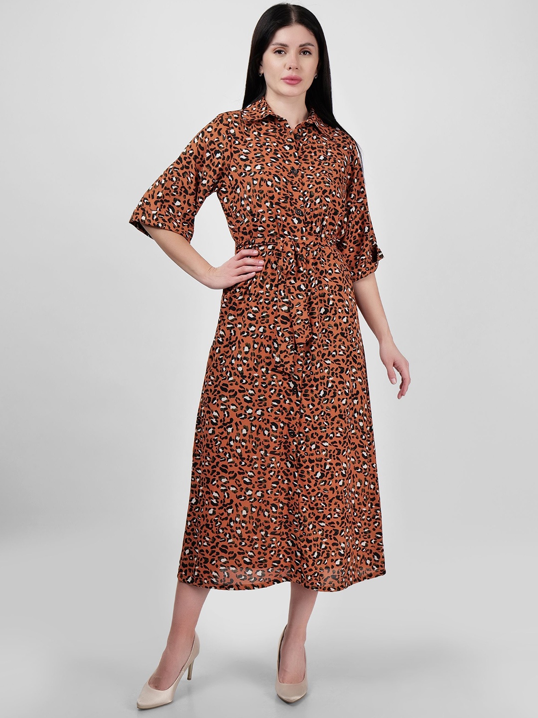 

DRIRO Women Printed Shirt Collar A-Line Midi Dress With Belt, Brown