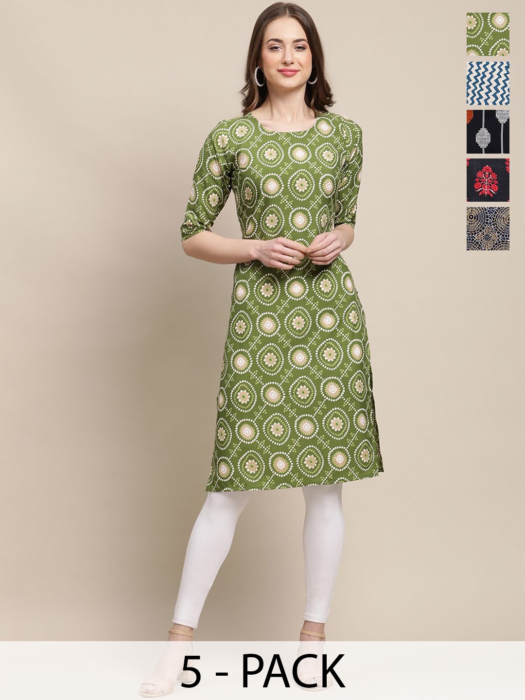 

7Threads Selection Of 5 Ethnic Motifs Printed Round Neck Crepe Straight Kurta, Green