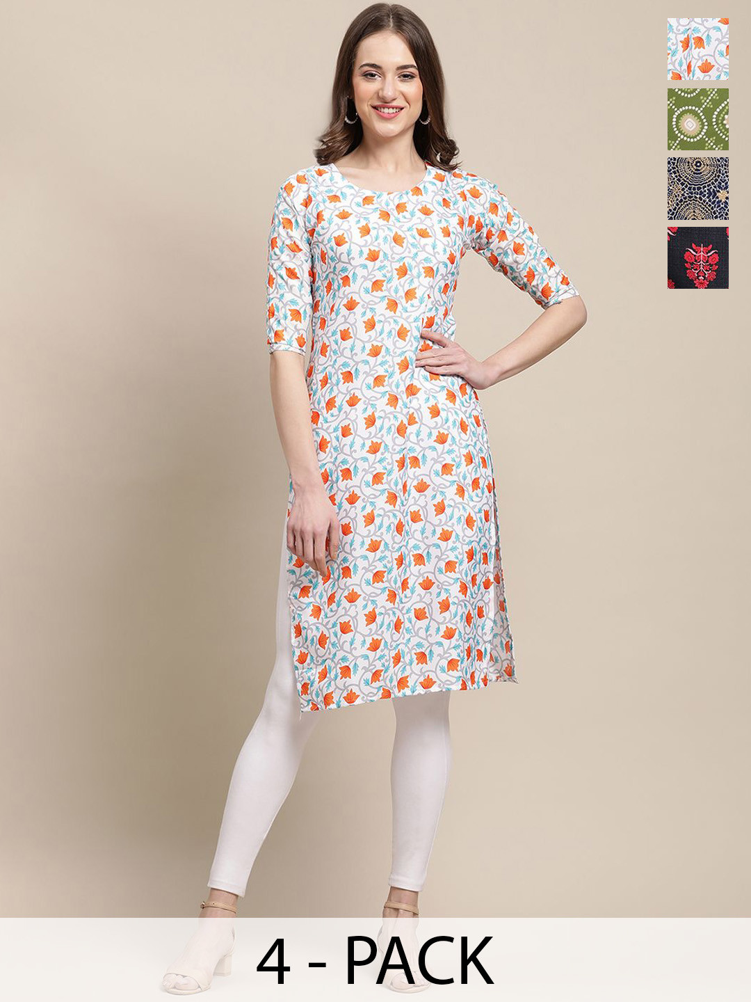 

7Threads Selection Of 4 Floral Printed Round Neck Straight Kurtas, White