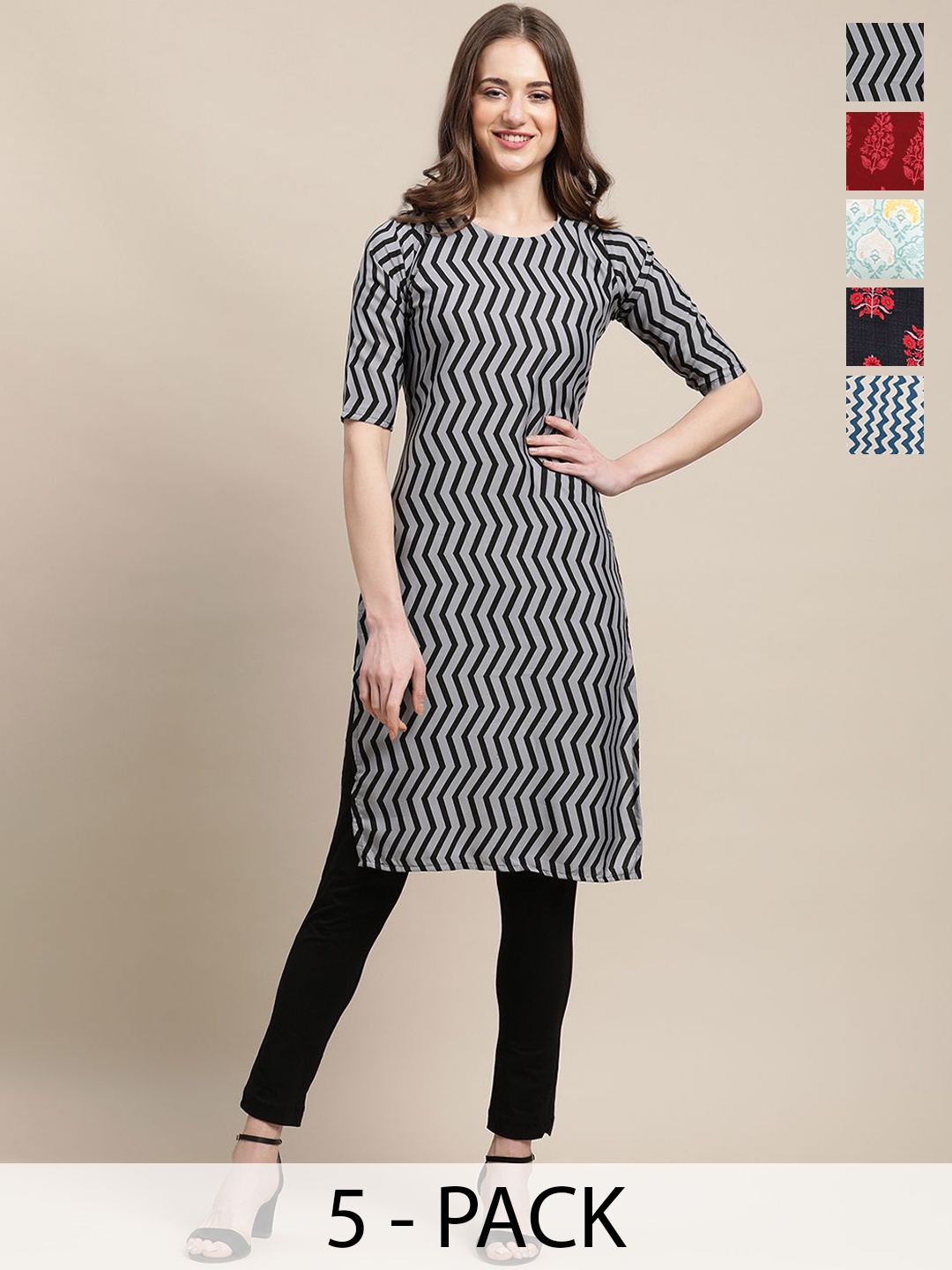 

7Threads Pack Of 5 Chevron Printed Round Neck Kurtas, Grey