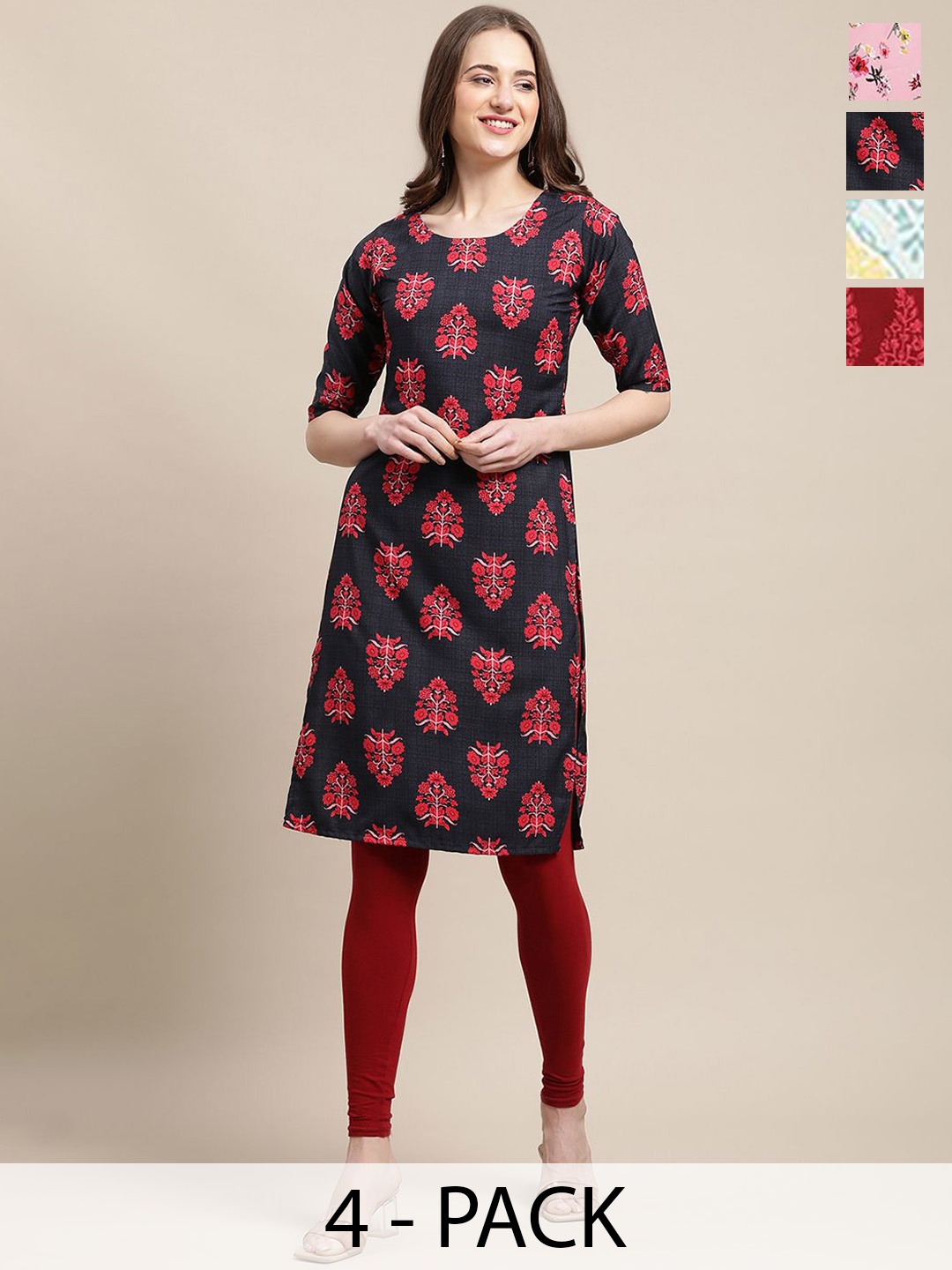 

7Threads Selection Of 4 Ethnic Motifs Printed Round Neck Crepe Straight Kurta, Pink