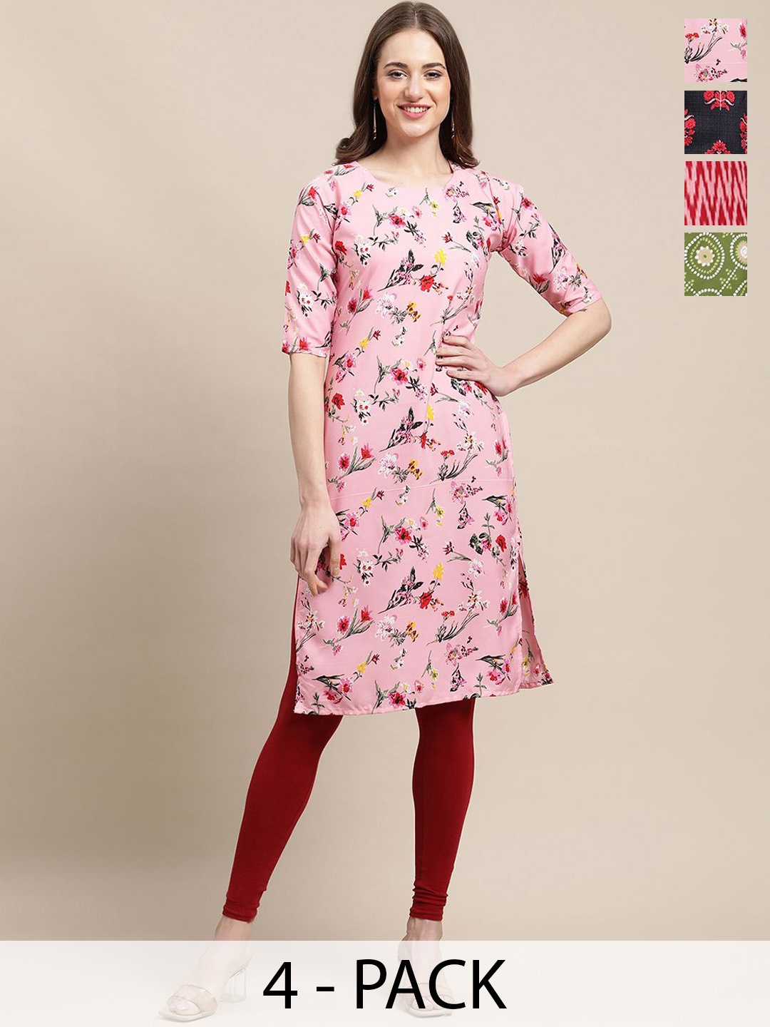

7Threads Selection Of 4 Ethnic Motifs Printed Straight Kurtas, Green