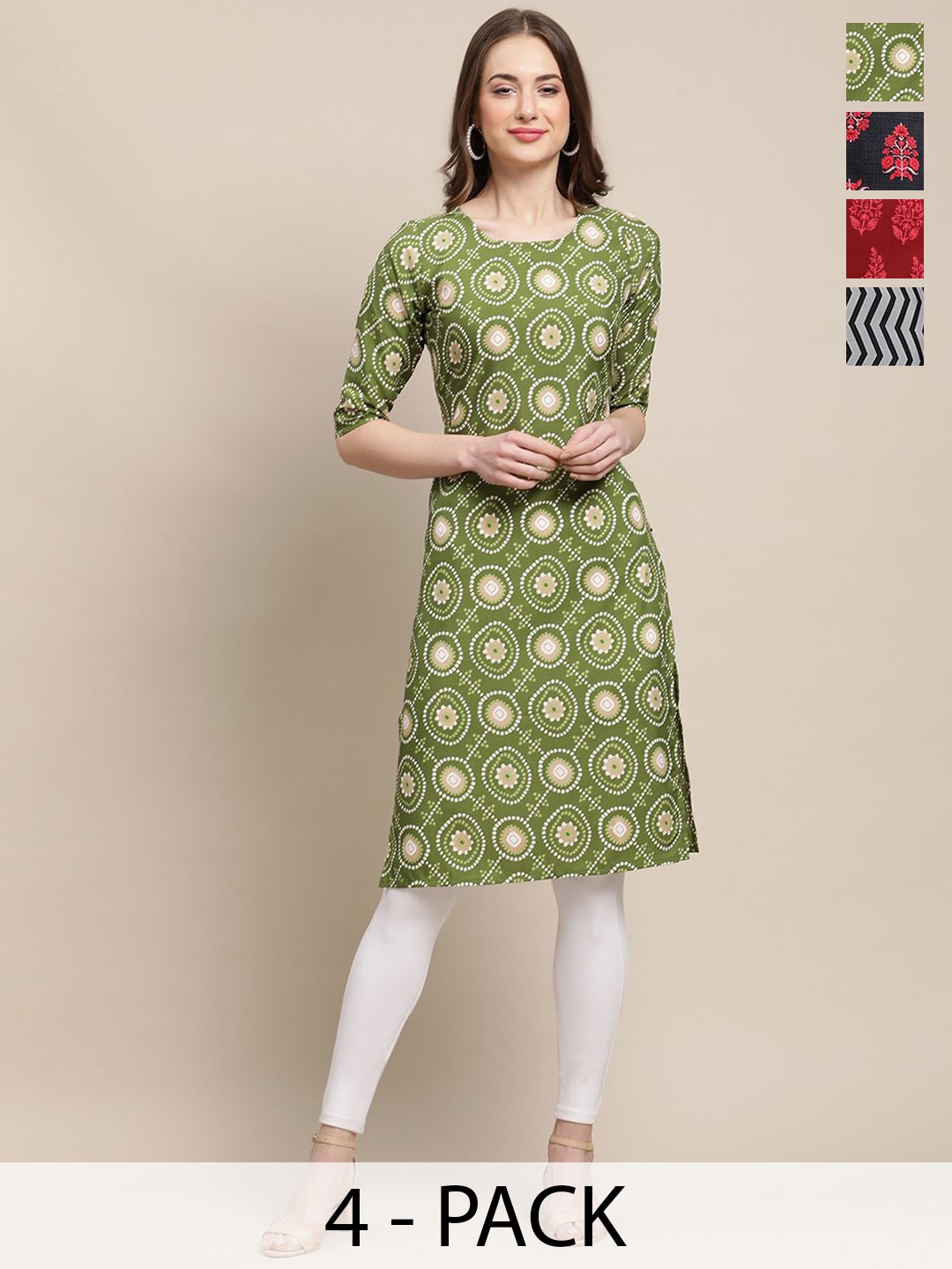 

7Threads Selection Of 4 Floral Printed Round Neck Straight Kurta, Green
