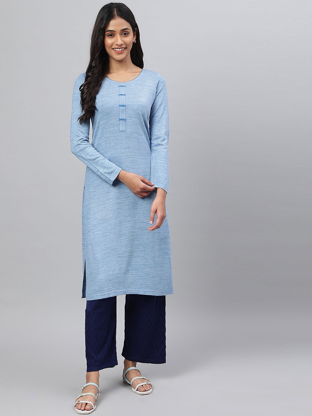 

AURELIA Self Design Round Neck Straight Kurta, Blue