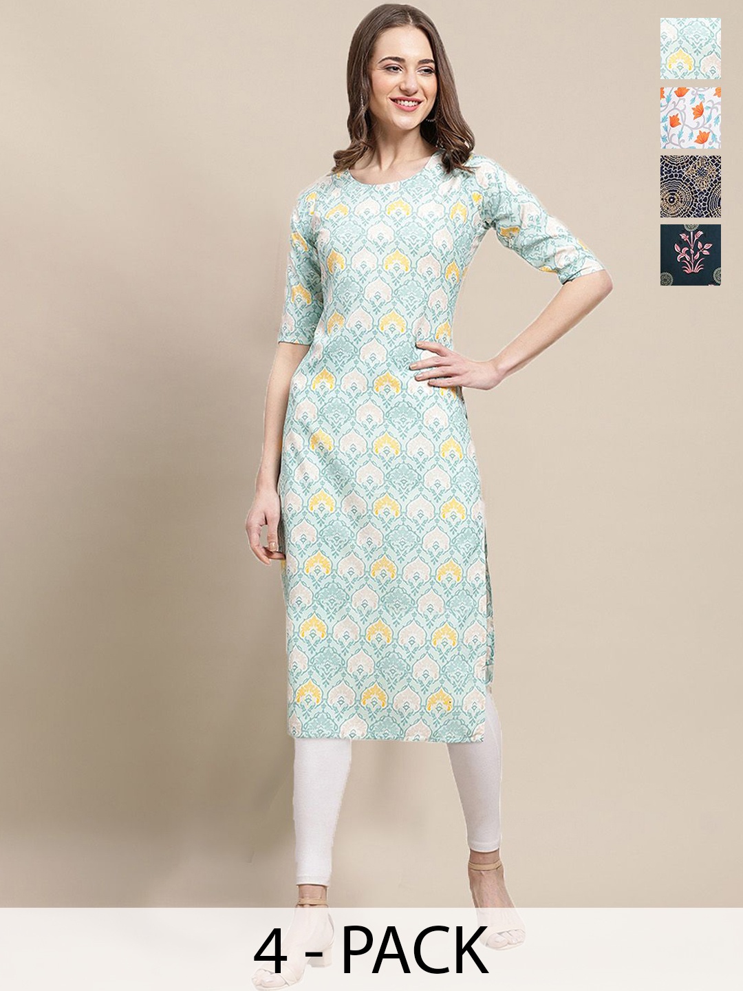 

7Threads Selection Of 4 Ethnic Printed Round Neck Kurtas, White