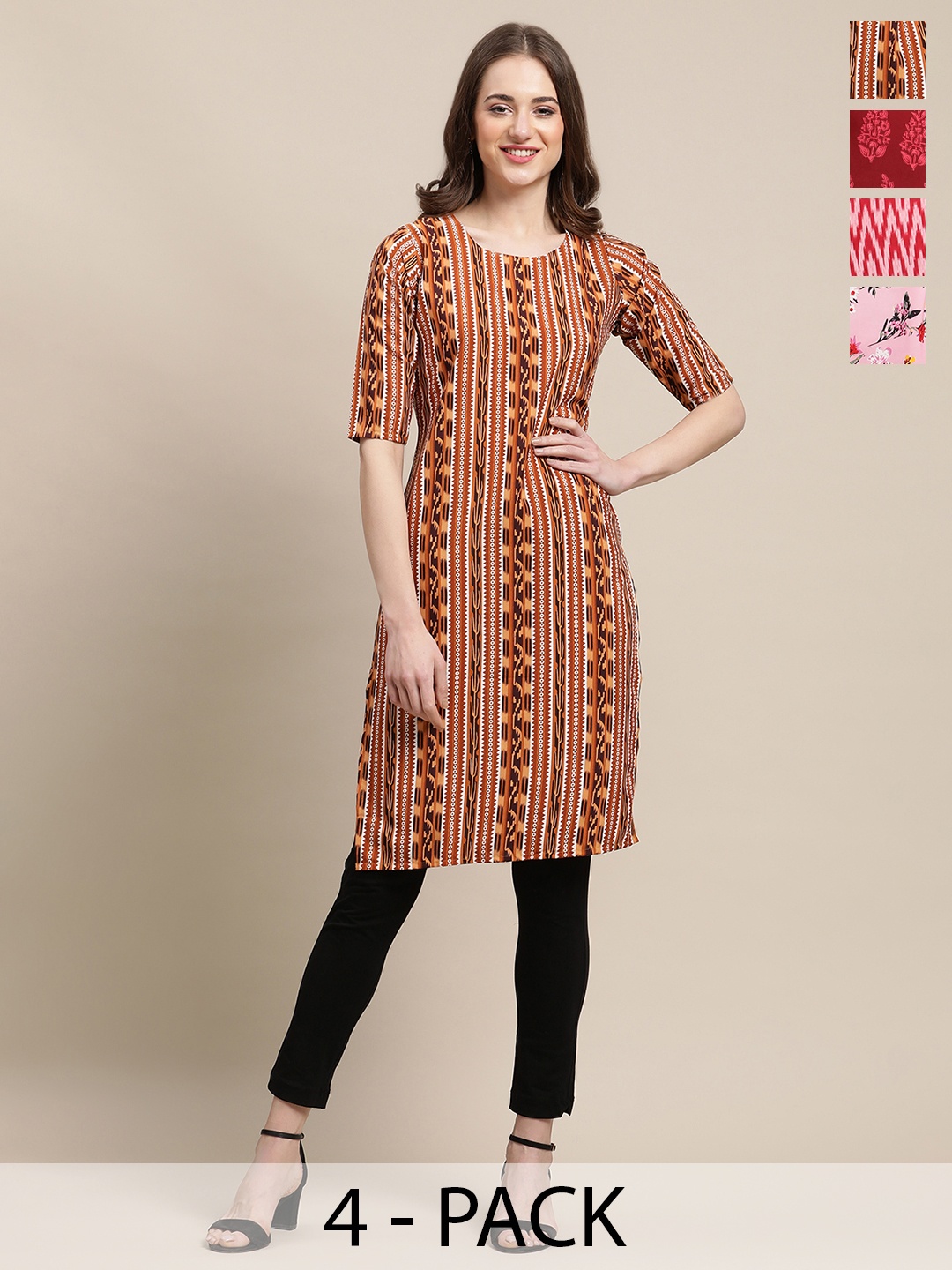 

7Threads Selection of 3 Ethnic Motifs Printed Round Neck Crepe Straight Kurtas, Brown
