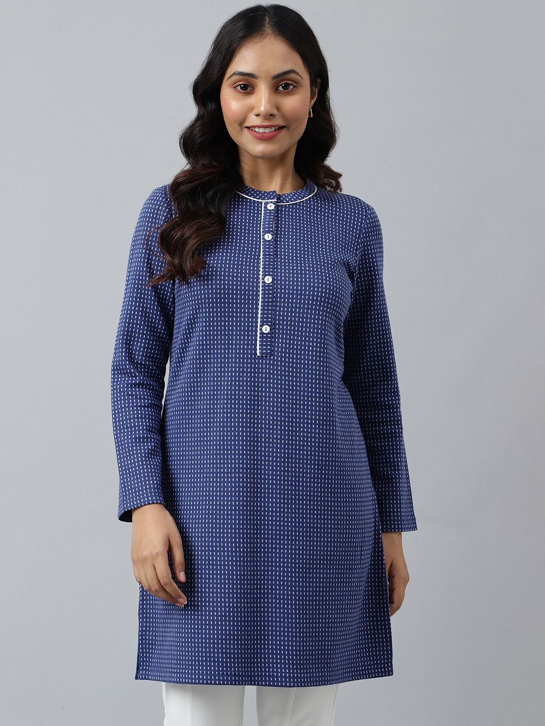 

AURELIA Geometric Printed Mandarin Collar Straight Kurta, Blue