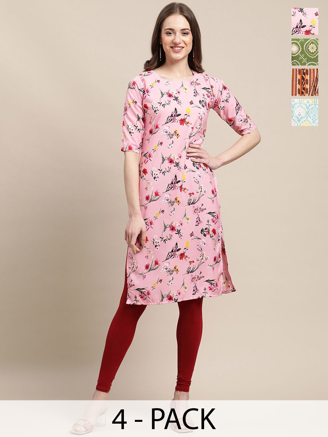 

7Threads Selection Of 4 Floral Printed Round Neck Straight Kurta, Pink