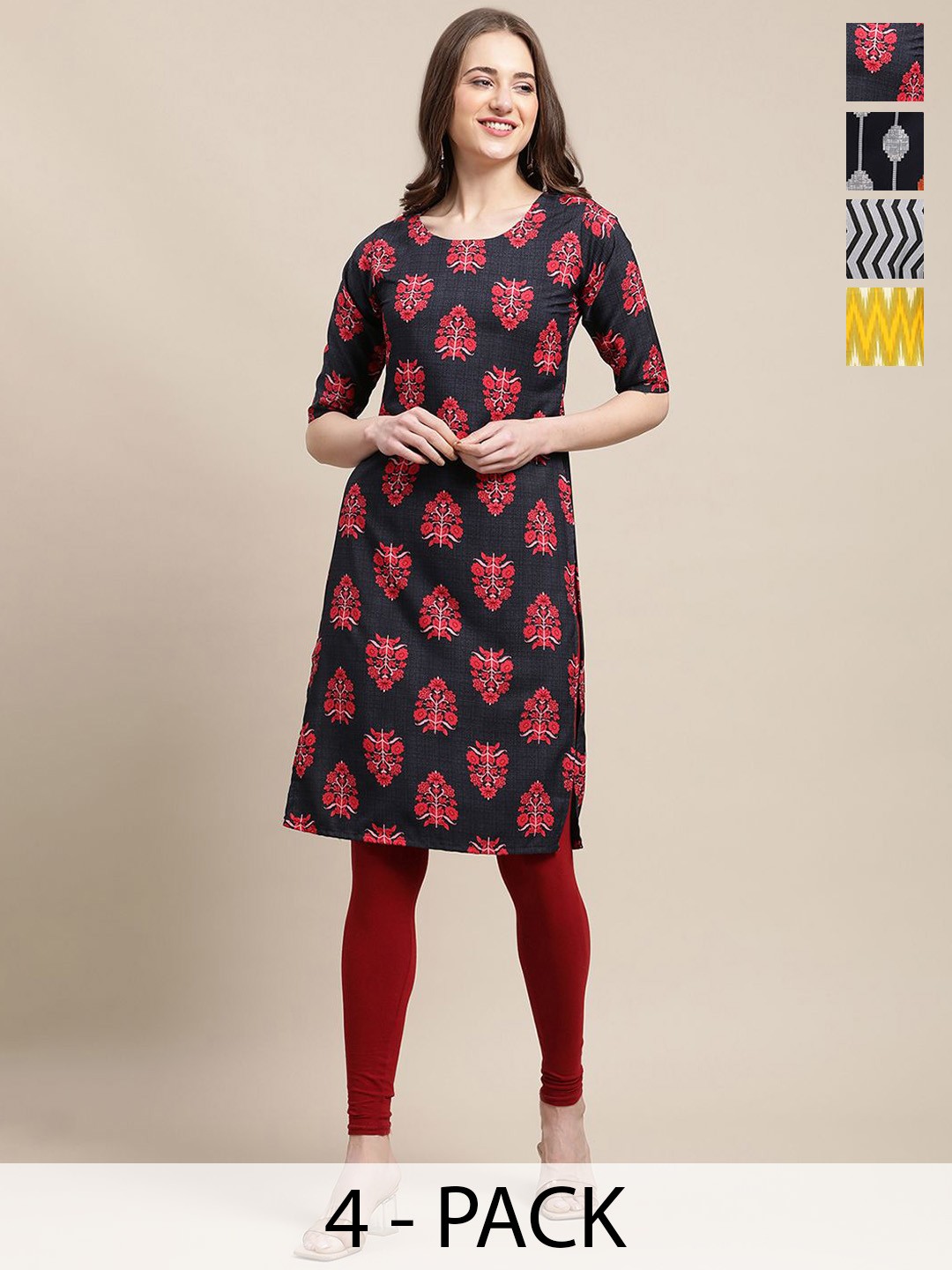 

7Threads Selection Of 4 Ethnic Motifs & Geometric Printed Crepe Straight Kurtas, Navy blue
