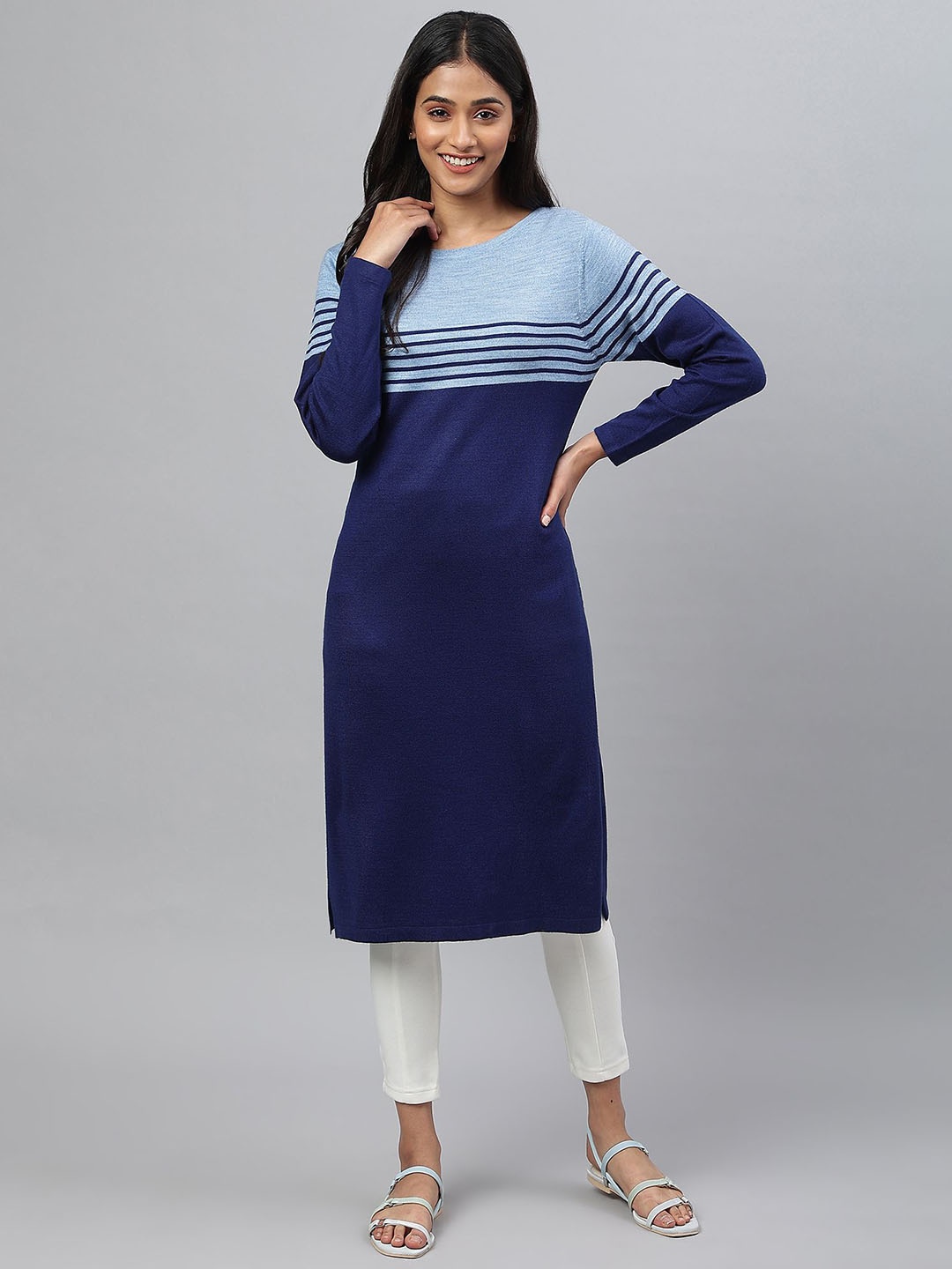 

AURELIA Striped Printed Straight Kurta, Blue