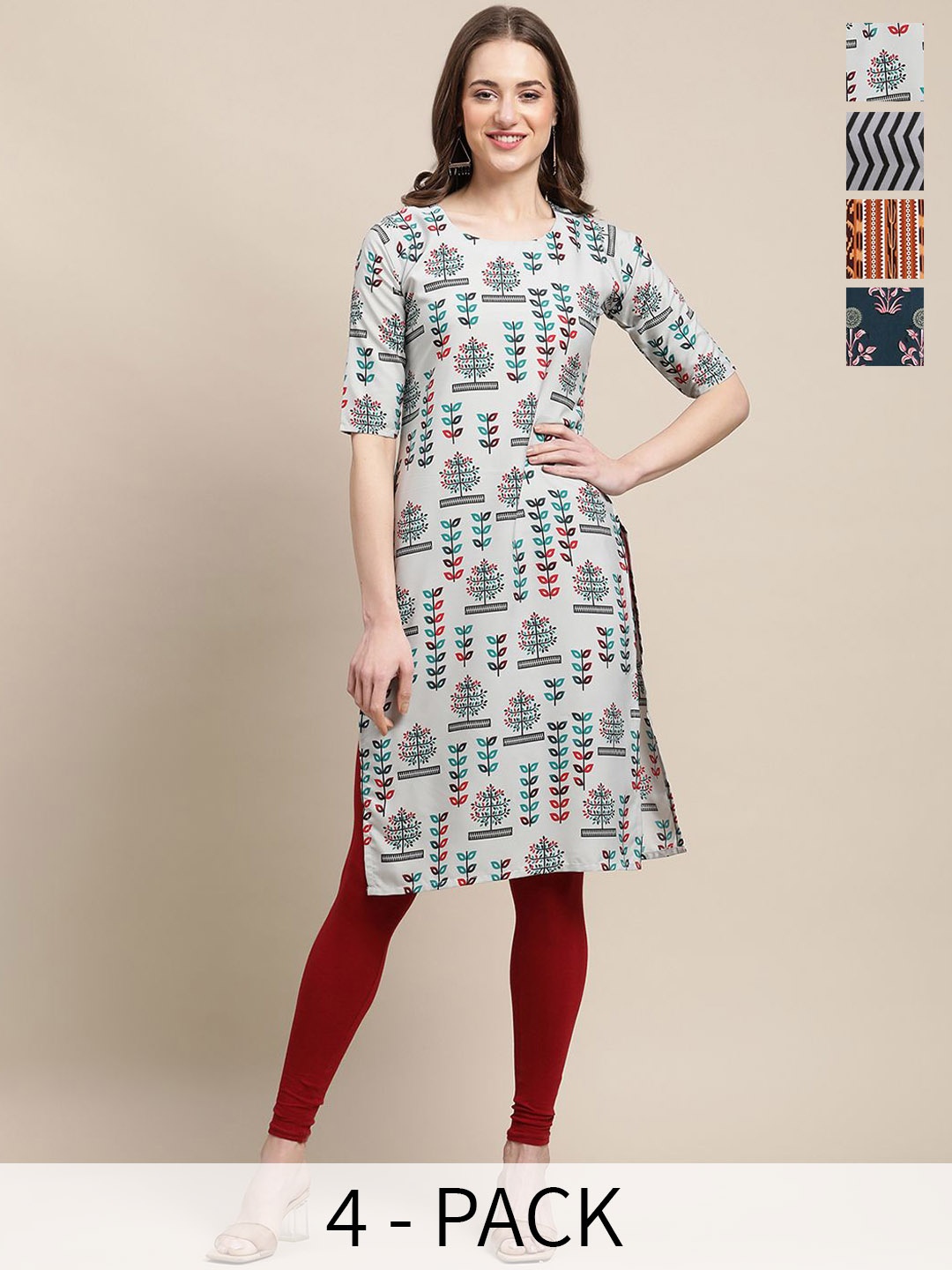 

7Threads Selection Of 4 Floral Printed Round Neck Kurtas, Off white