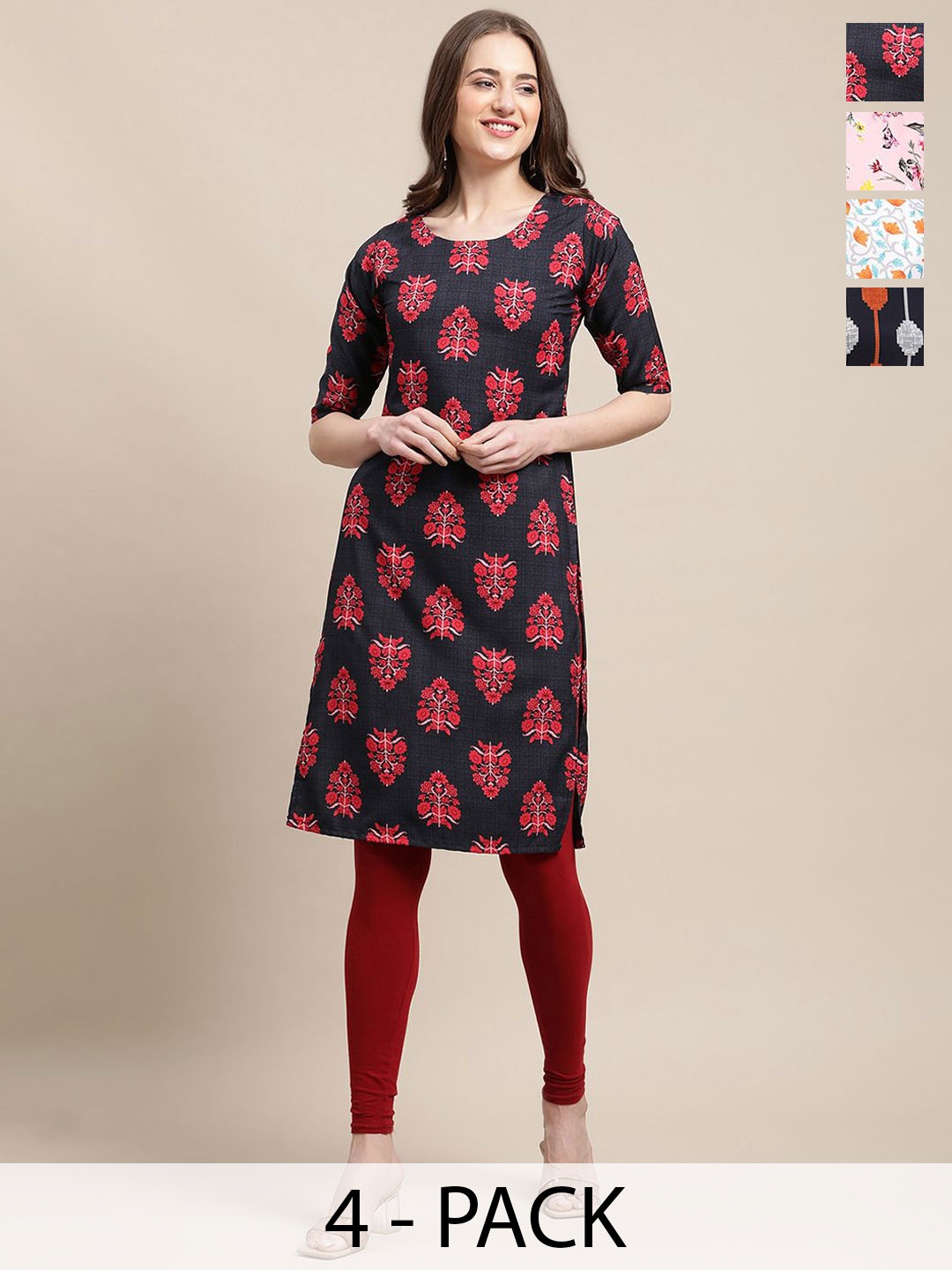 

7Threads Selection Of 4 Floral Printed Straight Kurtas, Black