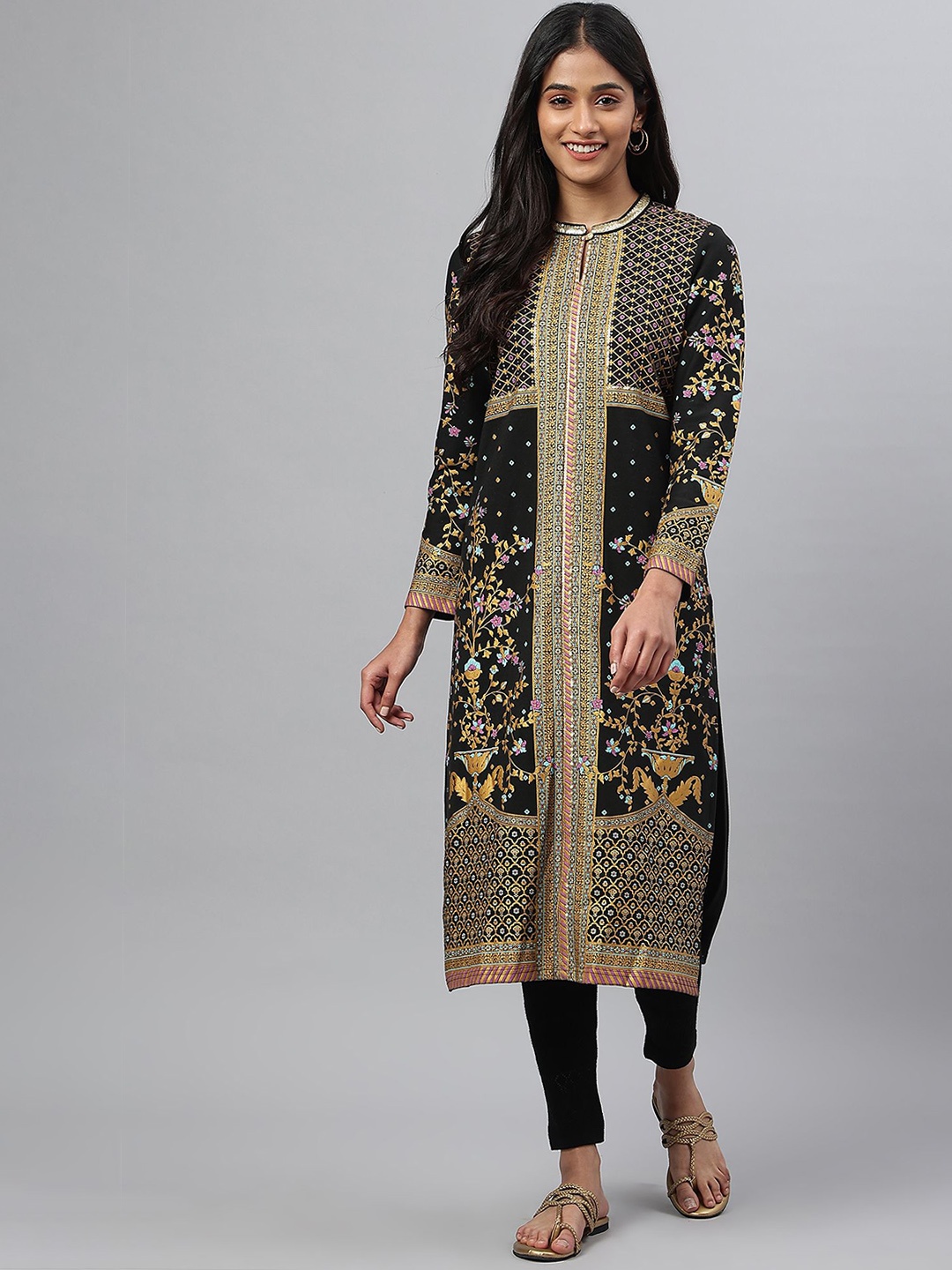 

AURELIA Floral Embroidered Keyhole Neck Thread Work Kurta, Black
