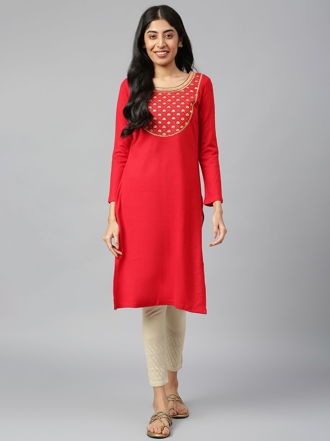 

AURELIA Floral Embroidered Yoke Design Sequined Straight Kurta, Red