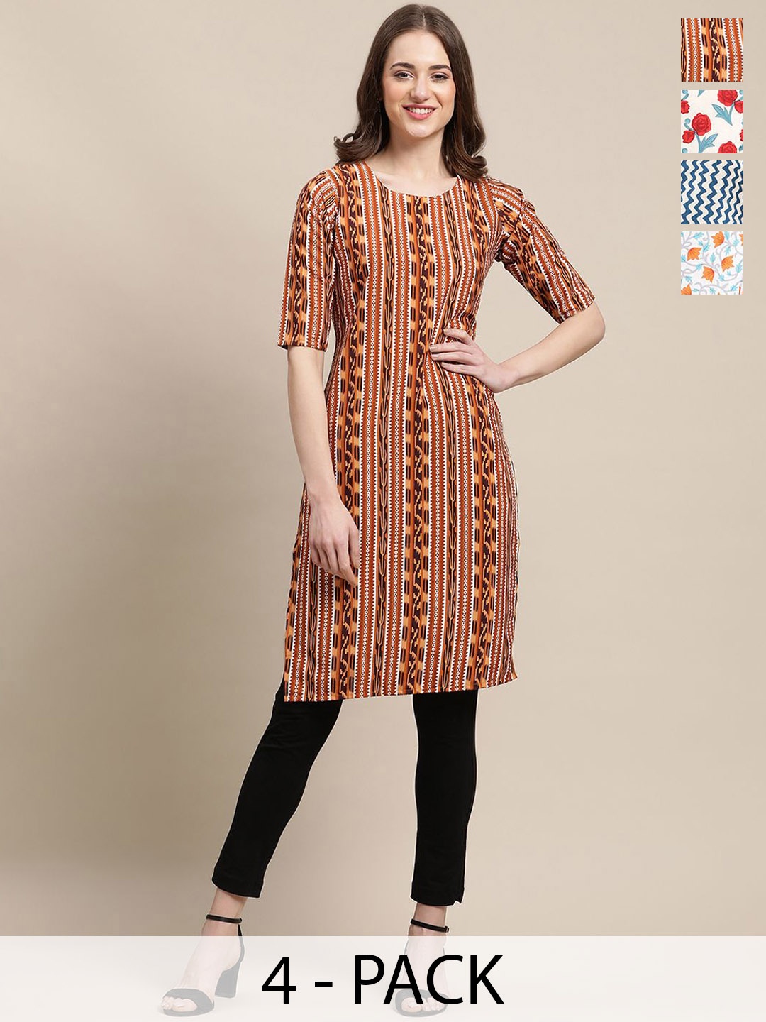 

7Threads Selection Of 3 Geometric Printed Round Neck Straight Kurtas, Brown