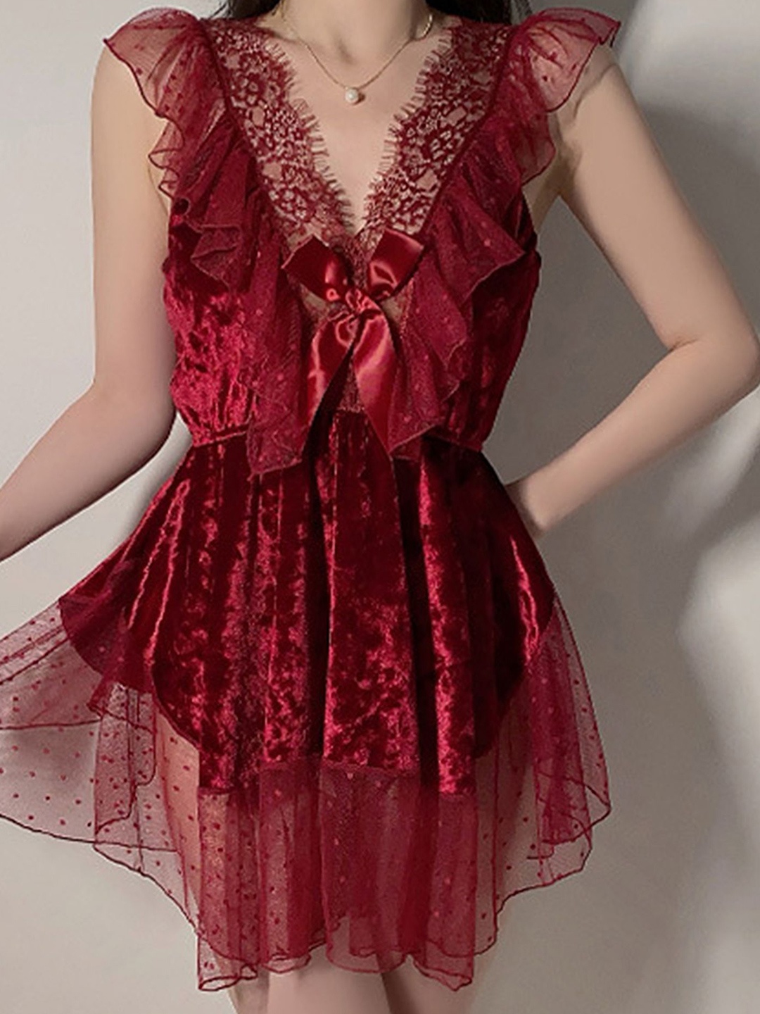 

LULU & SKY Women V-Neck Lace Nightdress, Red
