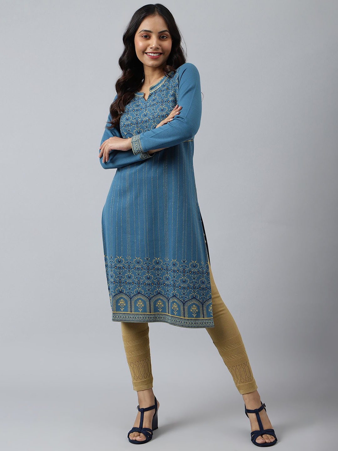 

AURELIA Floral Woven Design Sequins Straight Kurta, Blue