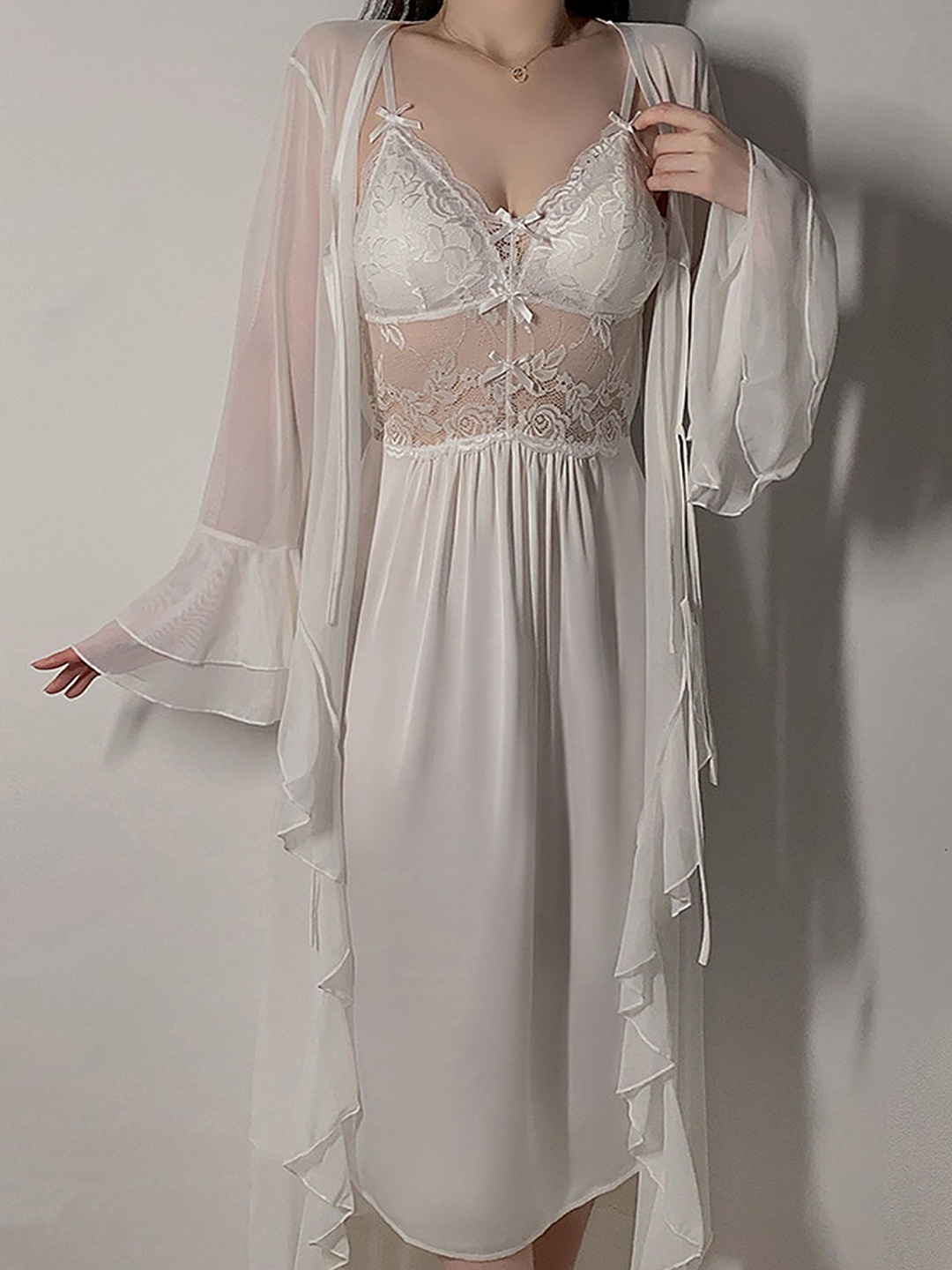 

LULU & SKY Women Tie-up Shoulder Straps Sweat Nightdress With Robe, White