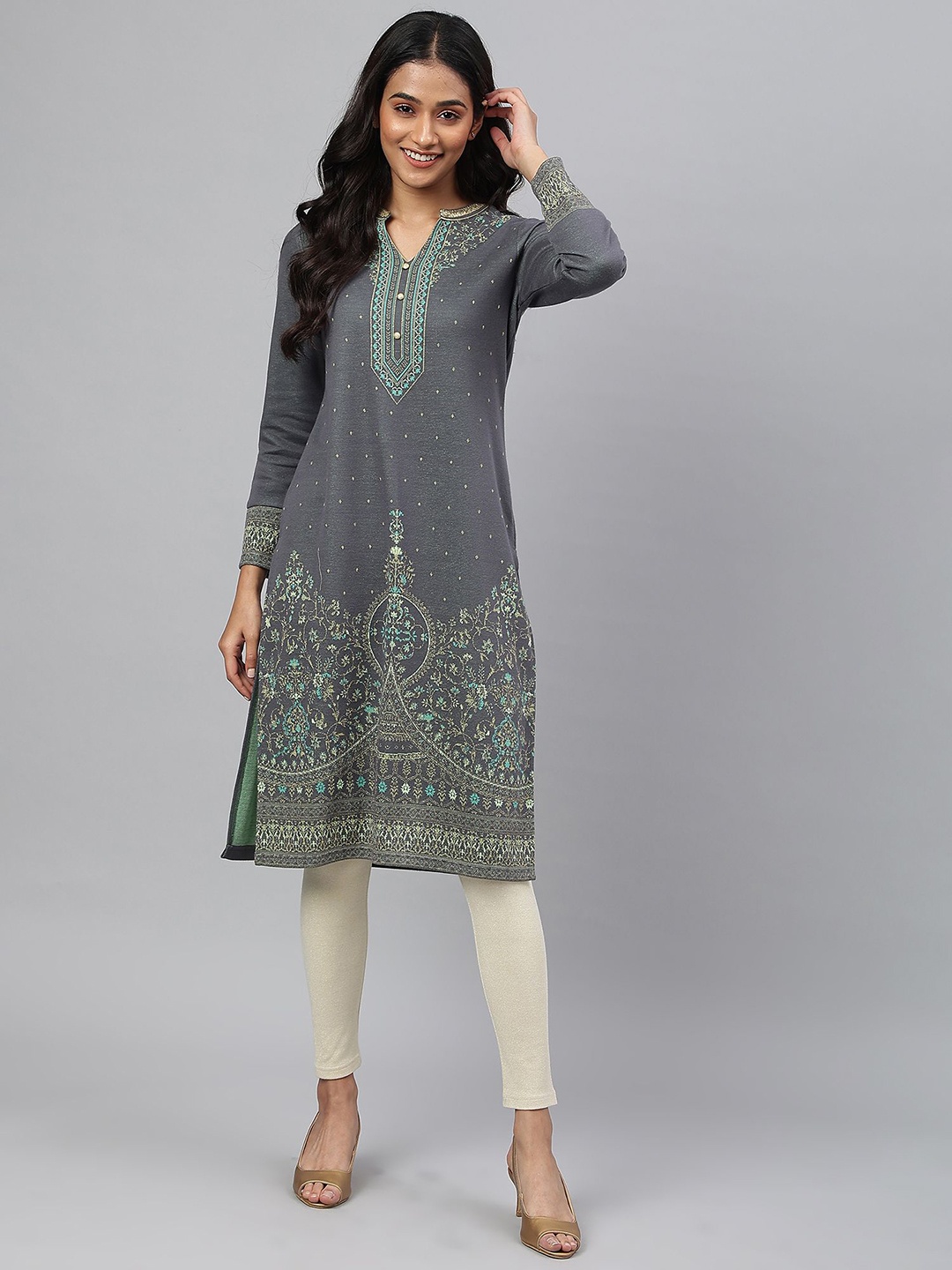 

AURELIA Ethnic Motifs Printed Sequinned Jacquard Straight Kurta, Grey