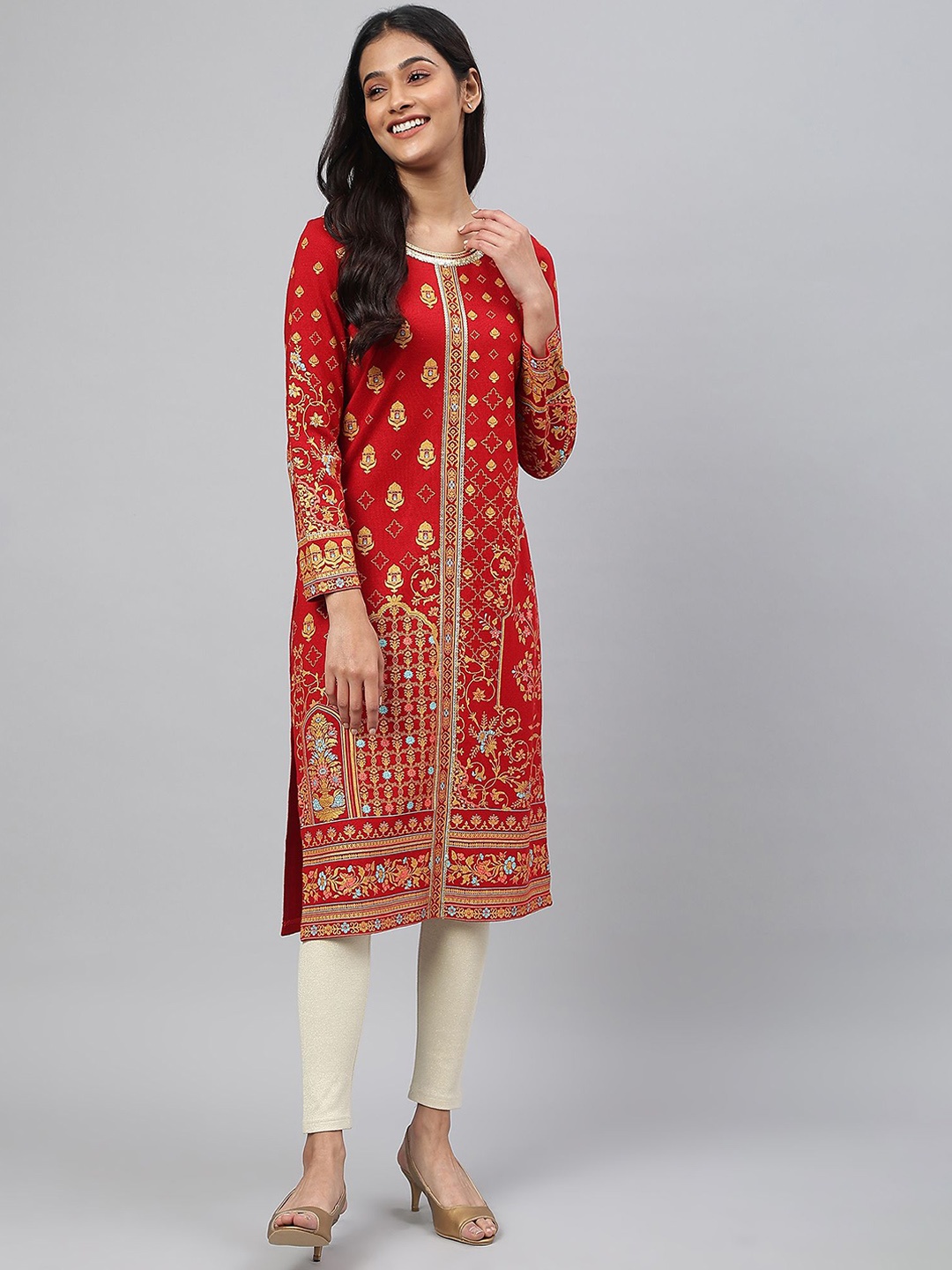 

AURELIA Ethnic Motifs Printed Sequinned Straight Kurta, Red