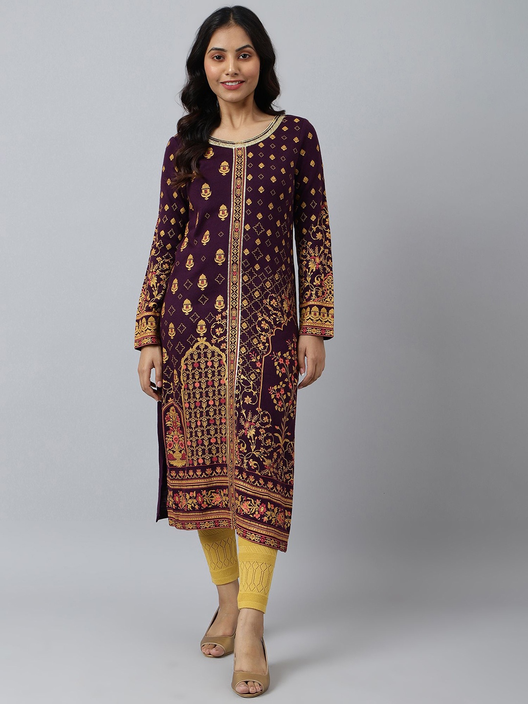 

AURELIA Ethnic Motifs Printed Acrylic Straight Kurta, Purple