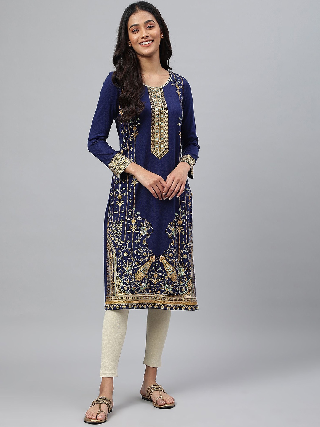 

AURELIA Ethnic Motifs Printed Round Neck Sequinned Indie Florals Kurta, Blue