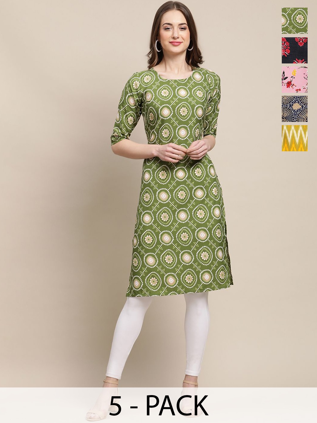 

7Threads Selections Of 5 Ethnic Motifs Printed Straight Kurtas, Green