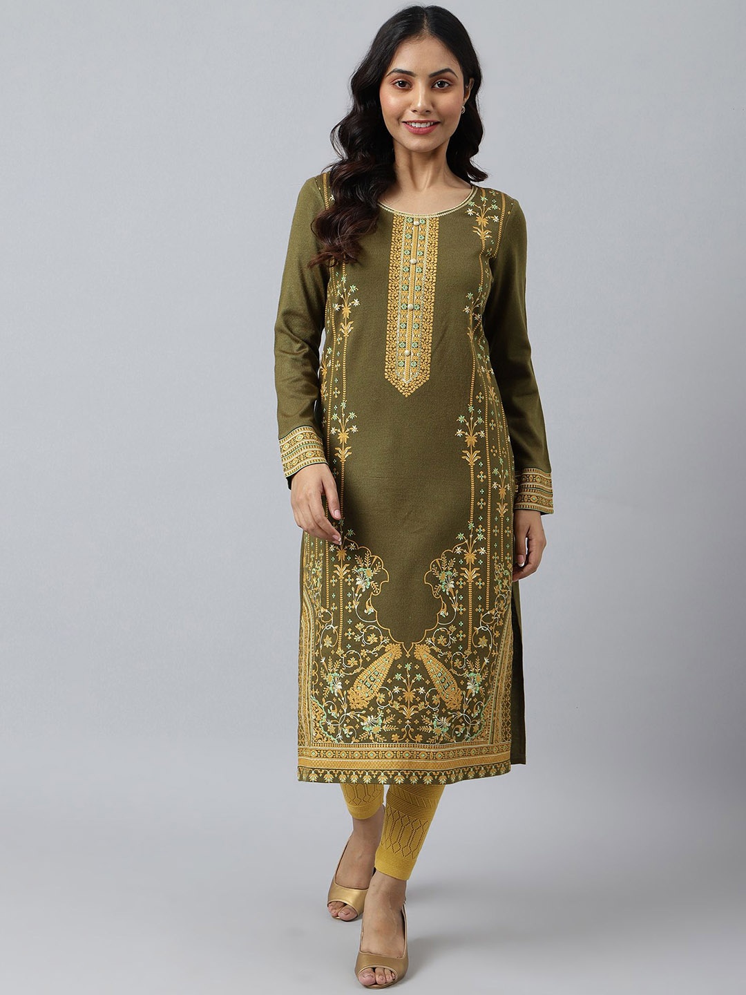 

AURELIA Ethnic Motifs Printed Sequinned Straight Kurta, Green