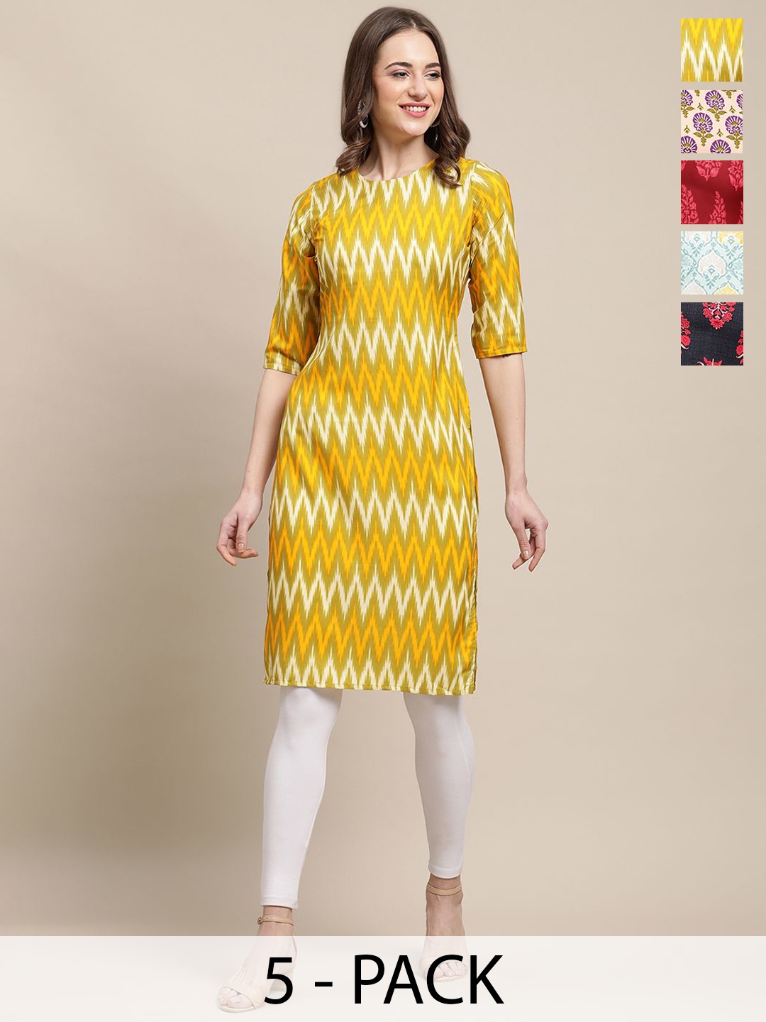 

7Threads Selection Of 5 Chevron Printed Round Neck Kurta, Yellow