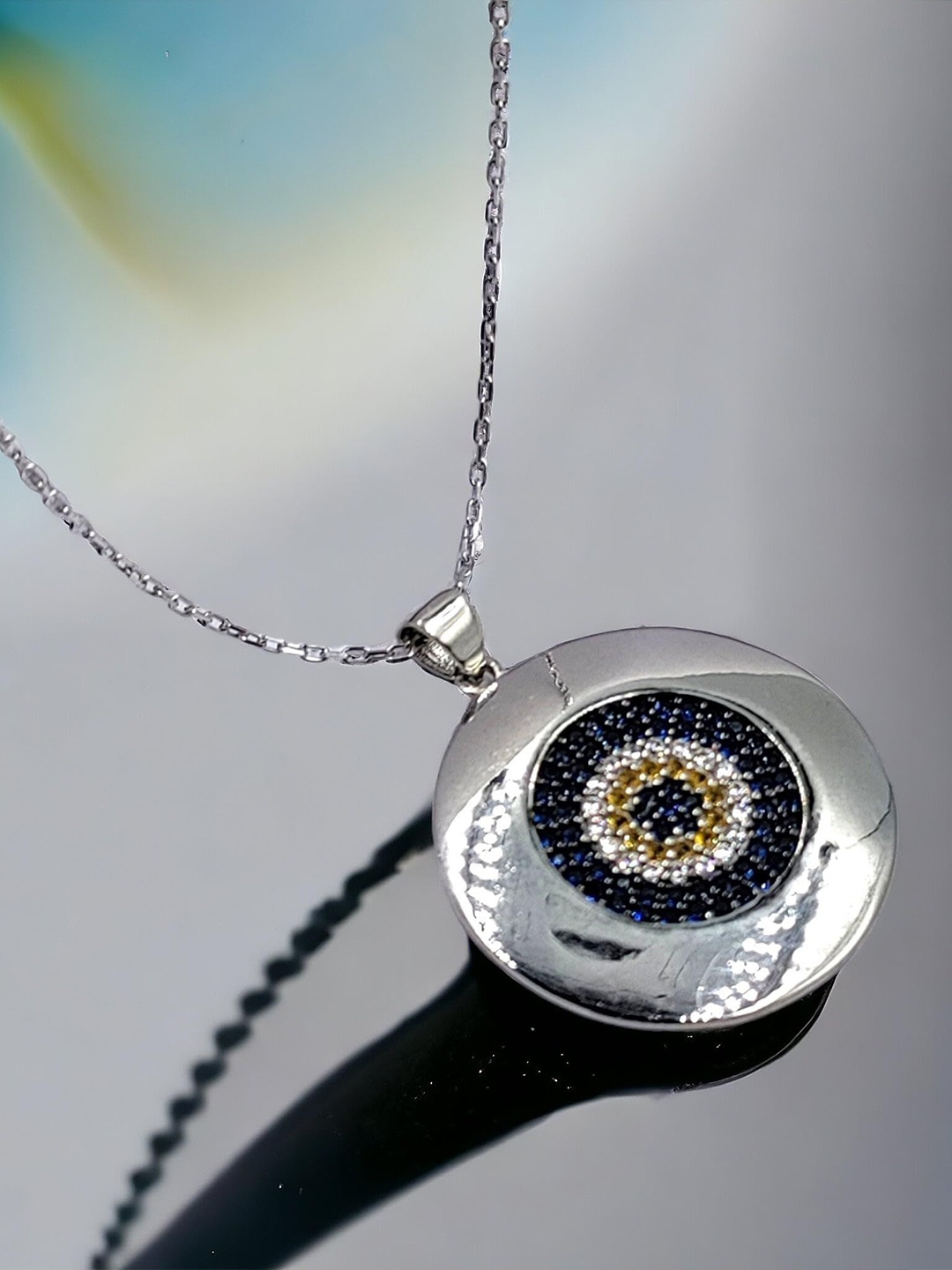 

AMONROO 925 Sterling Silver-Plated CZ Studded Evil Eye-Shaped Pendant Chain