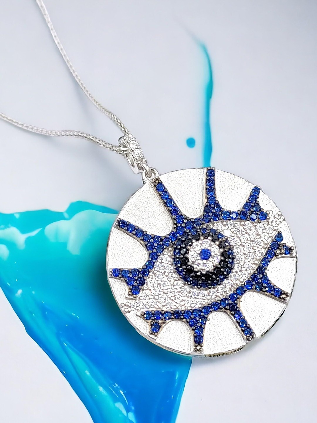 

AMONROO 925 Sterling Silver-Plated CZ Studded Evil Eye Pendant With Chain