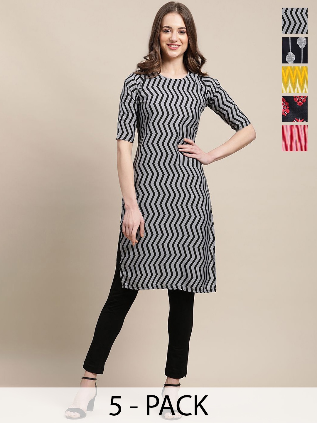 

7Threads Selection of 5 Geometric & Floral Printed Round Neck Straight Kurtas, Grey