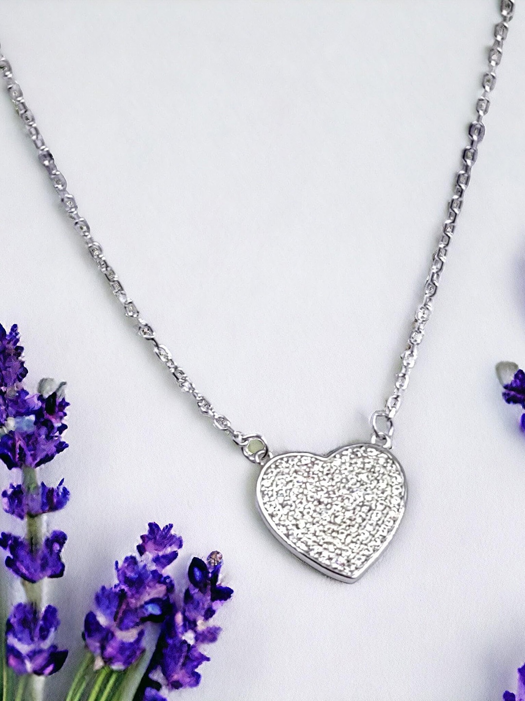 

AMONROO Unisex 925 Sterling Silver Rhodium-Plated CZ Studded Heart Shape Pendant Chain