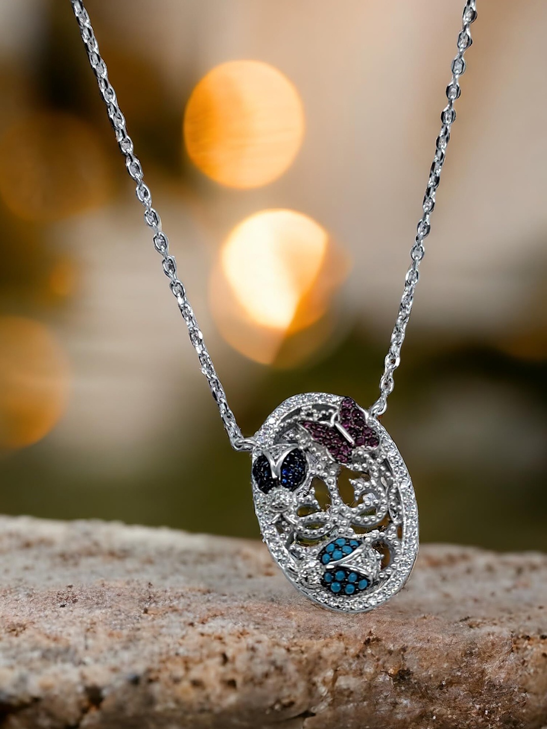 

AMONROO 925 Sterling Silver Rhodium-Plated CZ Studded Butterfly Design Oval Chain