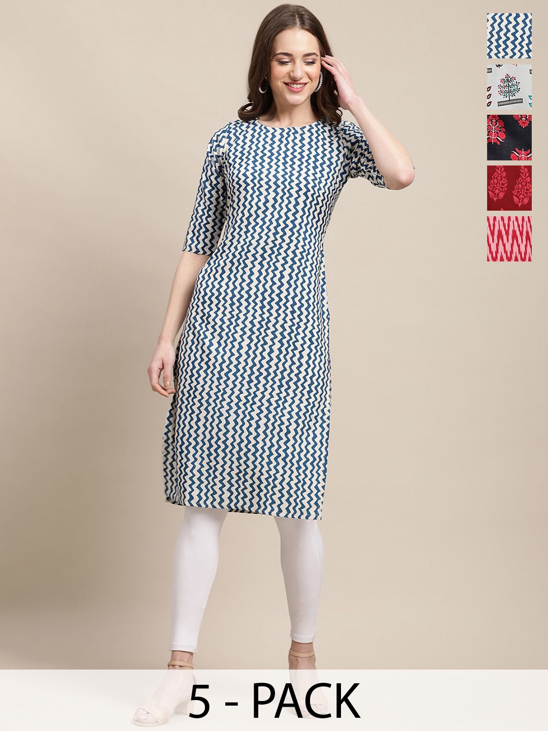 7Threads Selection of 5 Chevron Printed Crepe Straight Kurta, Blue