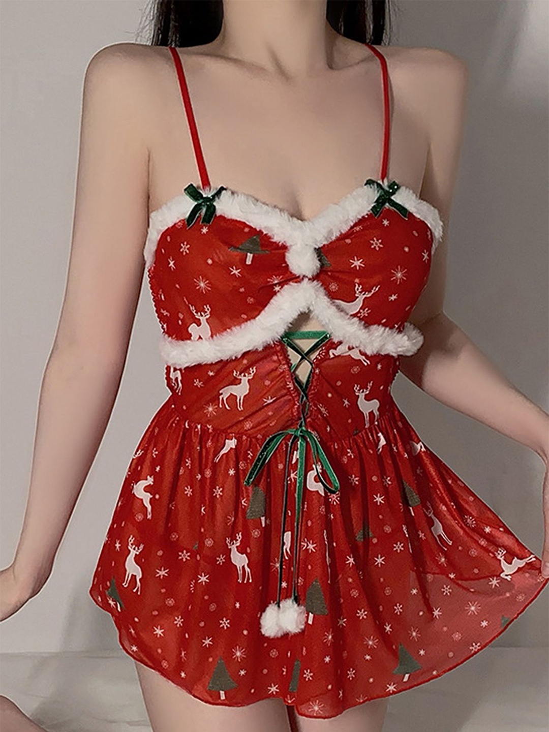 

LULU & SKY Printed Shoulder Straps Flared Baby Dolls, Red