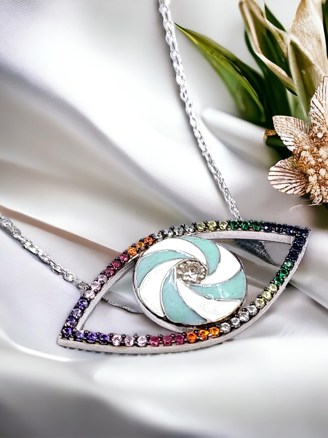 

AMONROO 925 Sterling Silver Rhodium-Plated CZ Studded Evil Eye Pendant Chain
