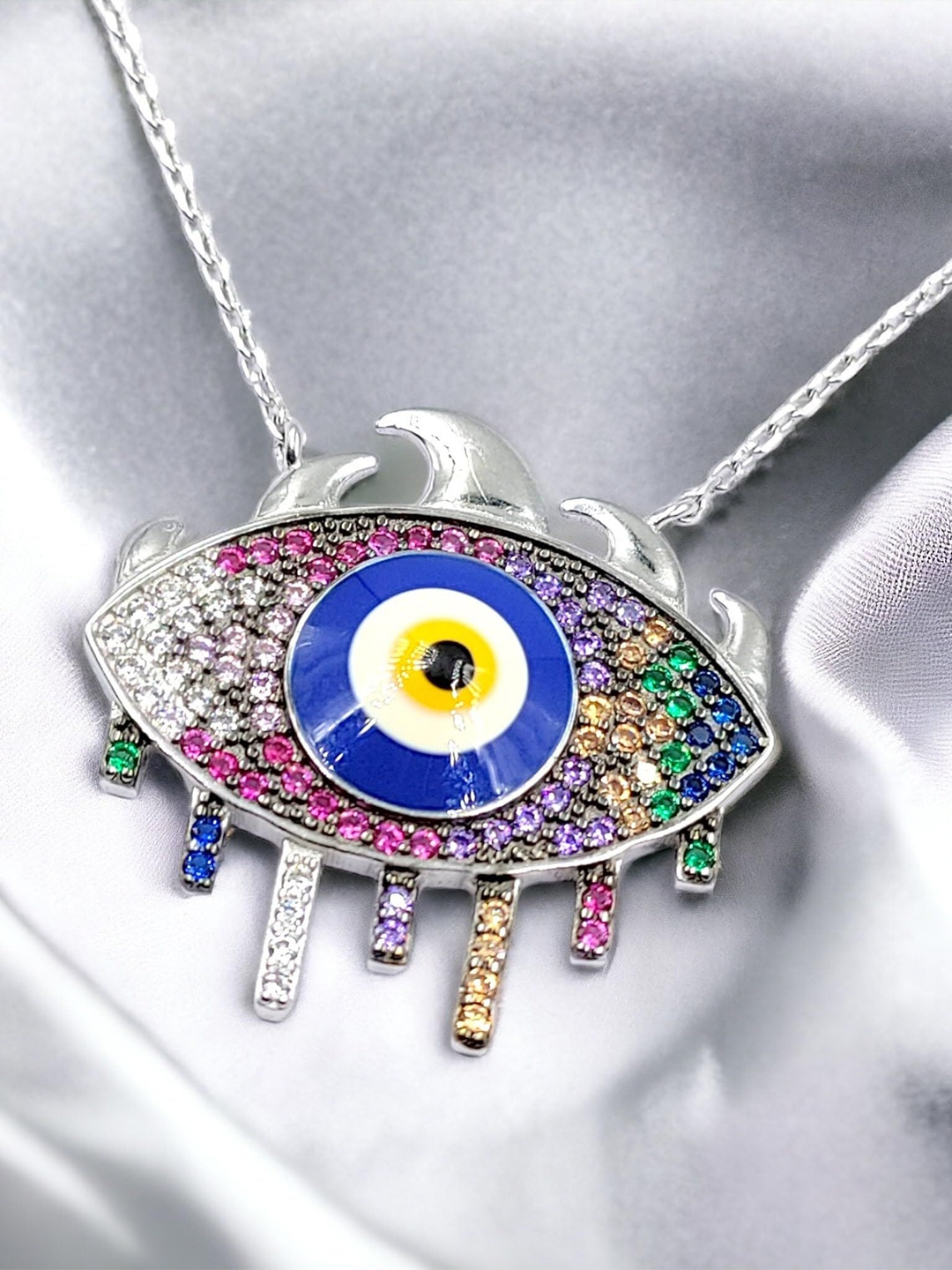

AMONROO 925 Sterling Silver Rhodium-Plated CZ Studded Evil Eye Pendant Chain