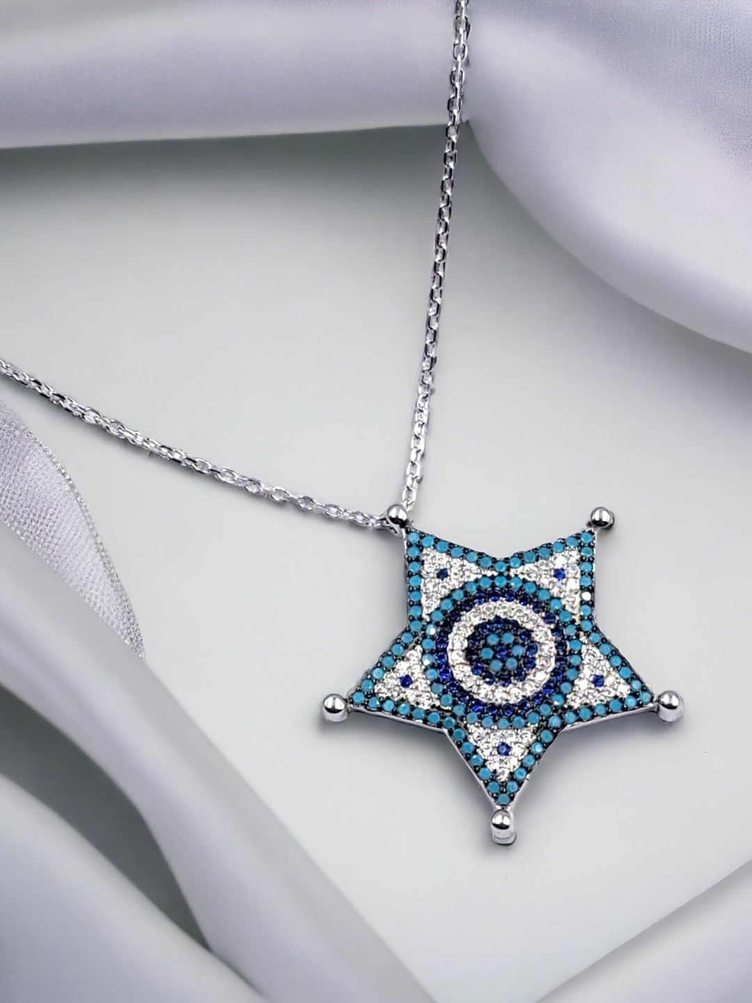 

AMONROO 925 Sterling Silver Rhodium-Plated CZ Studded Star Evil Eye Pendant Chain